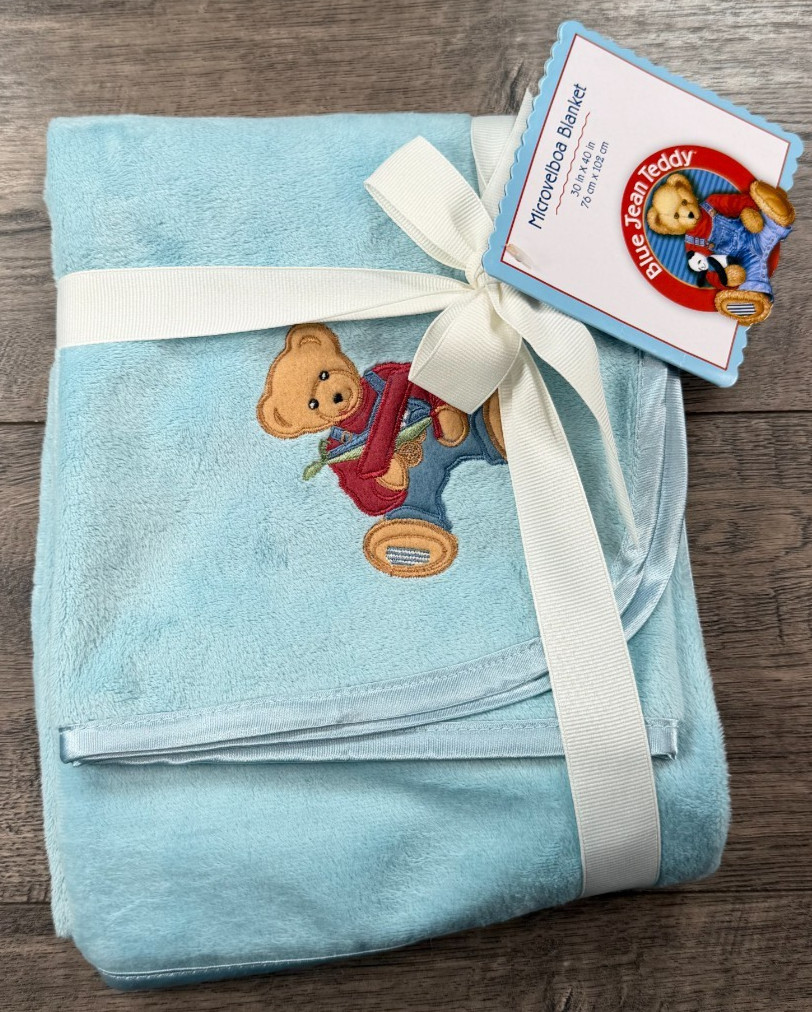 New Vintage Blue Jean Teddy Blue Teddy Bear Airplane Microvelboa Blanket