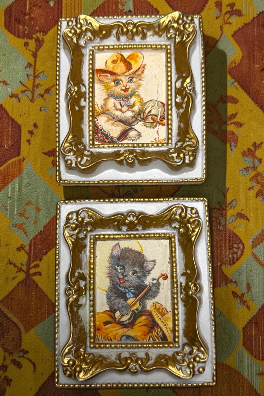 Set Of 2 Vintage Anthropomorphic Kitty Cat Rodeo Kitschy Wall Art MCM 5”X4” Set Of 2 Vintage Anthropomorphic Kitty Cat Rodeo Kitschy Wall Art MCM 5”X4”