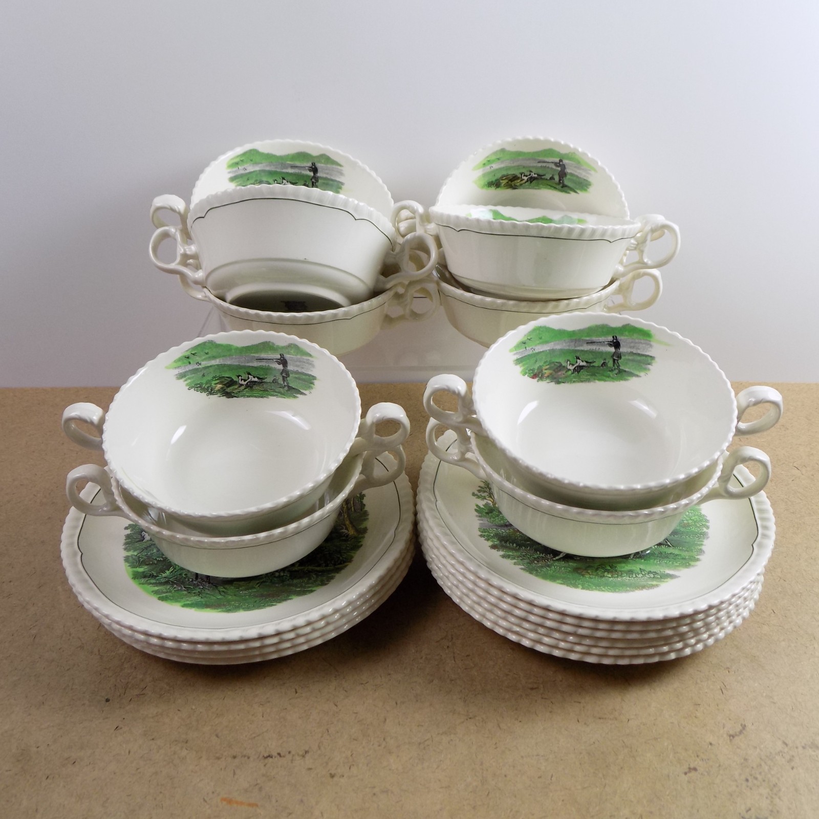 10 Spode Hunt Scenes (Green Ring) Cream Soup Bowls & Saucers Vintage England 10 Spode Hunt Scenes (Green Ring) Cream Soup Bowls & Saucers Vintage England