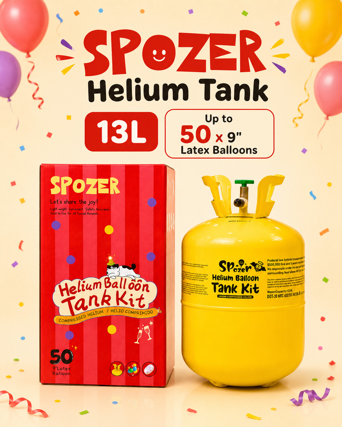 Spozer 13L & 22L Helium Tank Pump Kit, Up to 50, 100 Balloons for Party Supplies Spozer 13L & 22L Helium Tank Pump Kit, Up to 50, 100 Balloons for Party Supplies