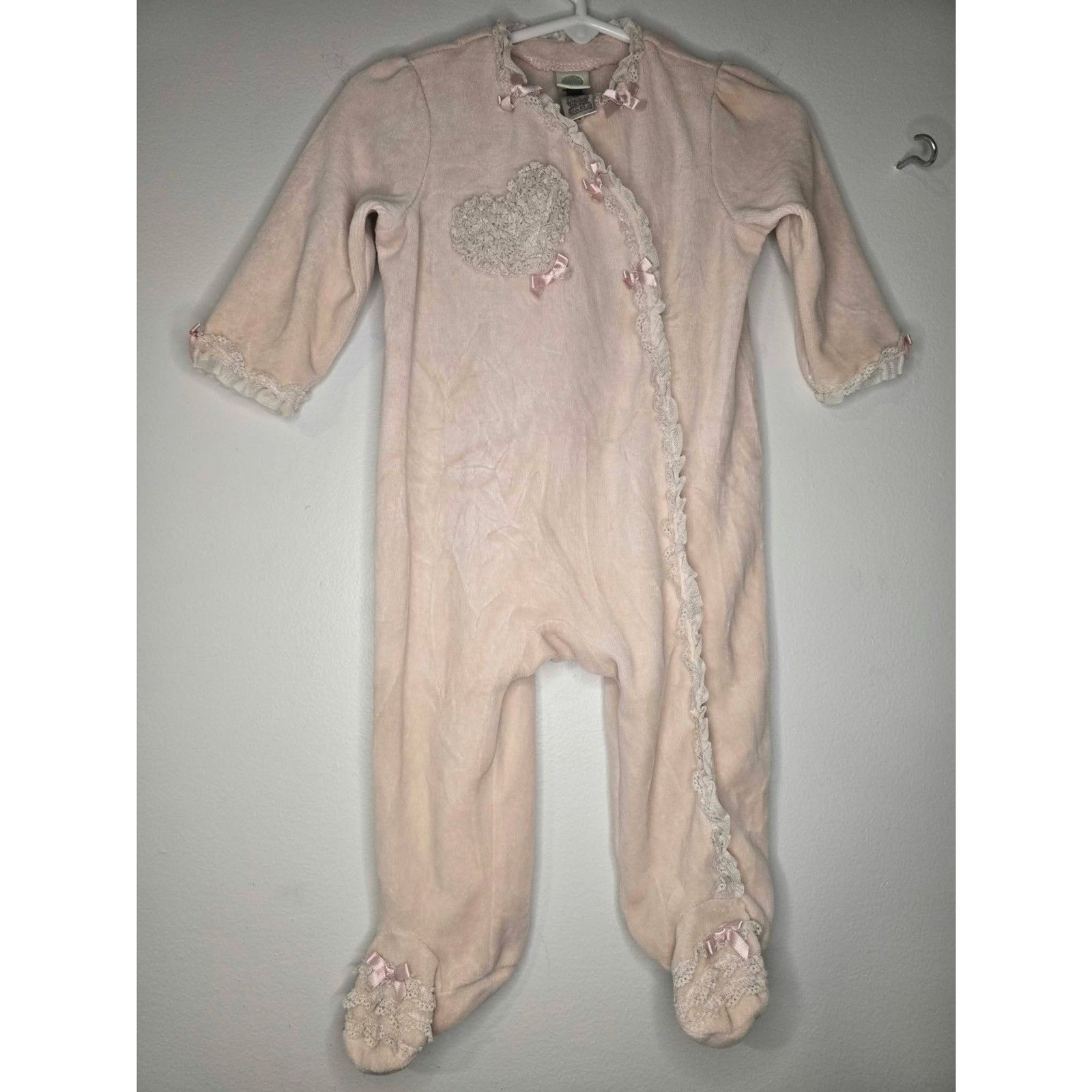 Vintage Little Me Baby Girl Pink Velour Footed Sleeper Lace Trim Heart Bows 9m