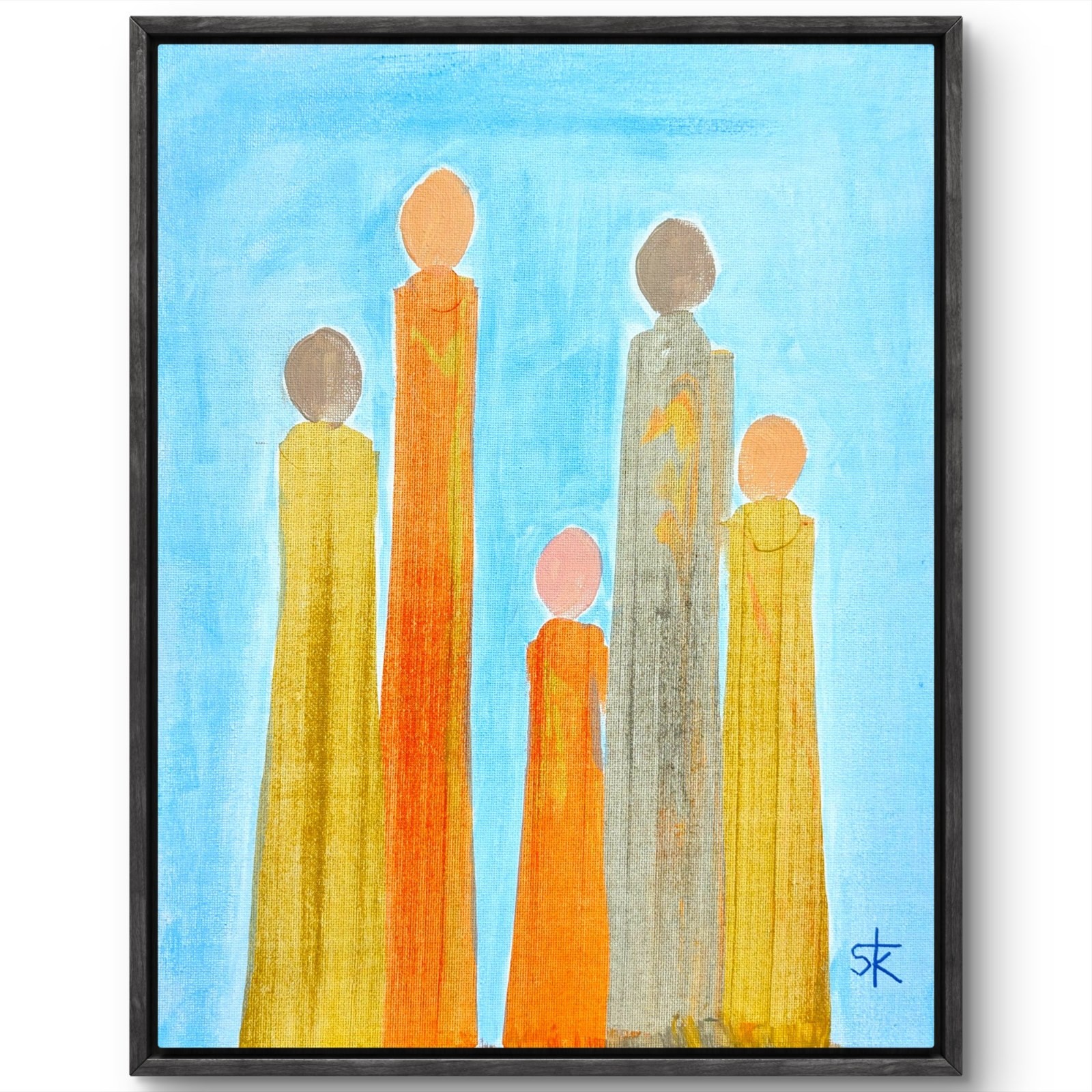 Original Acrylic 14x11 Abstract Abstract Figure Group Painting Signed Canvas