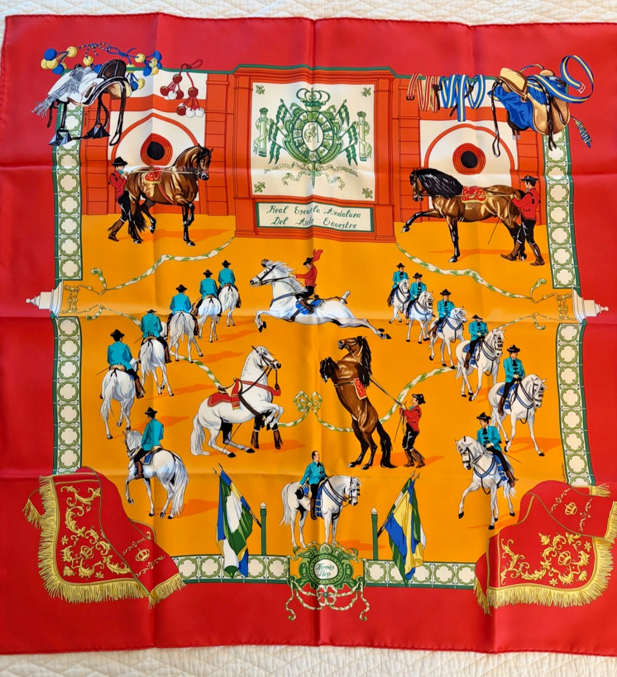 HERMES Scarf Carre90 Red Silk Real Escuela Andaluza del Arte Excellent condition HERMES Scarf Carre90 Red Silk Real Escuela Andaluza del Arte Excellent condition