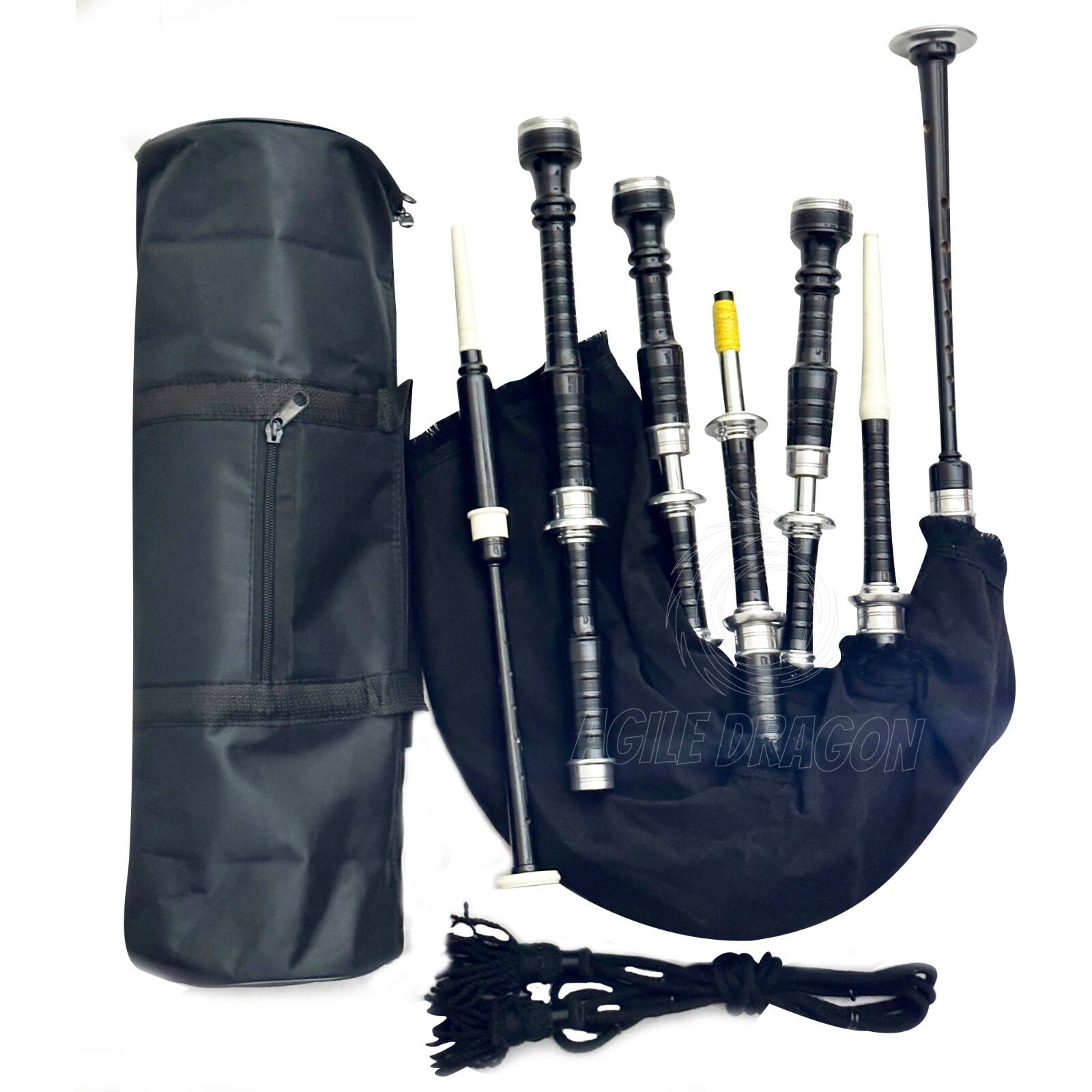 Professional Great Highland Bagpipes Silver Mounts Black Velvet Cover with Bag