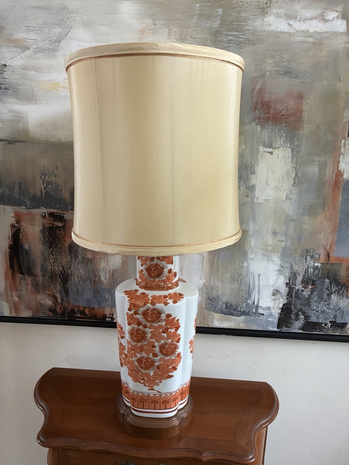 Vintage Frederick Cooper Chinoiserie Kutani Orange White Porcelain Lamp 36” H