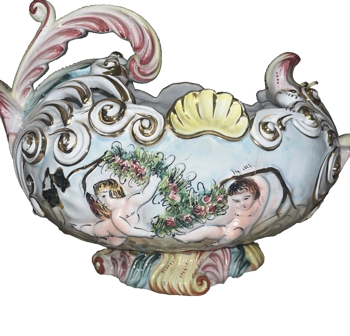 Vintage Italian Capodimonte Cherub Porcelain Centerpiece Bowl Basket Gold Gilt