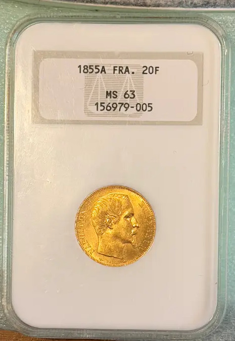 1855-A France Gold 20 Francs Napoleon III NGC MS63 - Choice Mint State 1855-A France Gold 20 Francs Napoleon III NGC MS63 - Choice Mint State