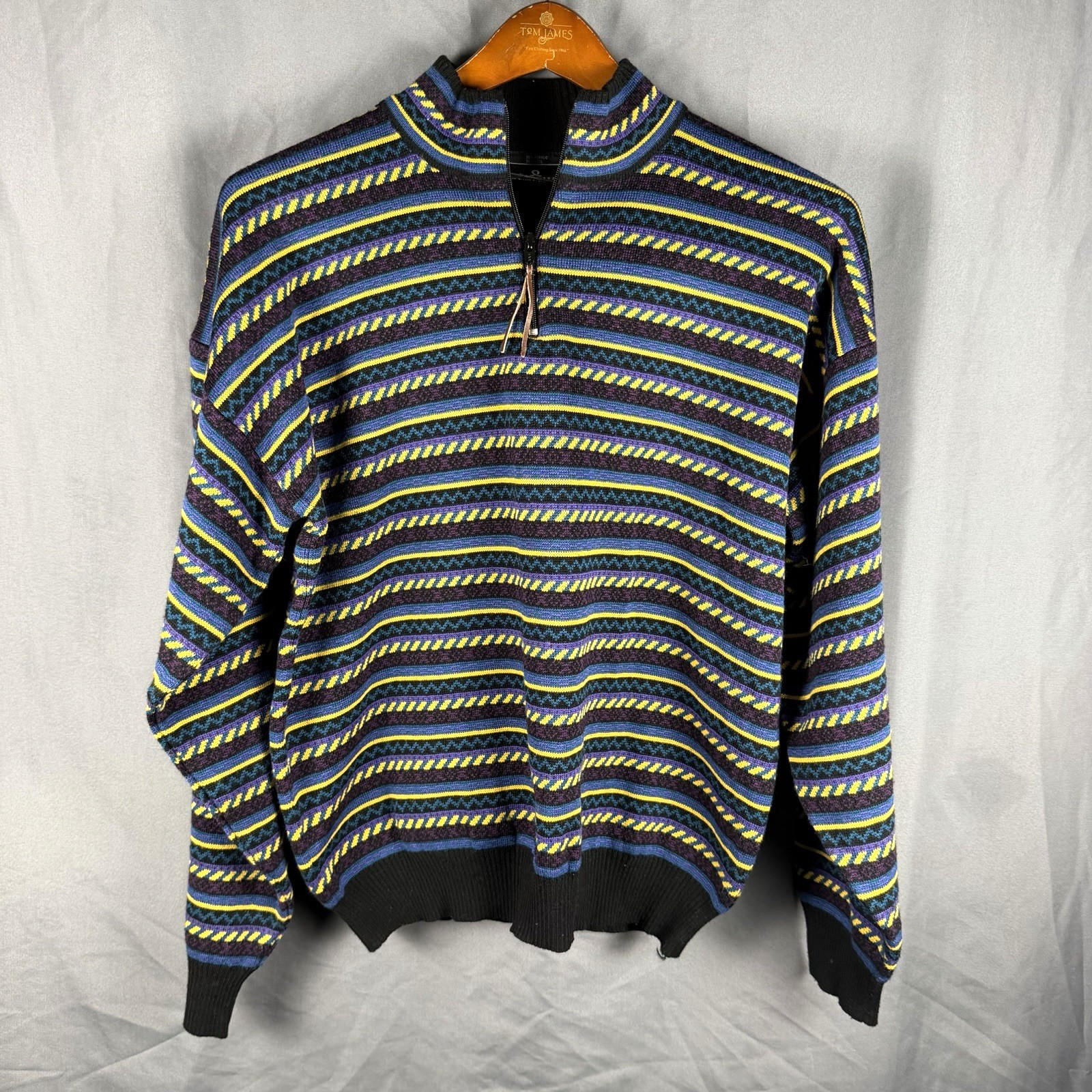 Vintage Demetre Striped 1/4 Zip Mens Large Wool Blend Preppy Ski Snowboard 8229