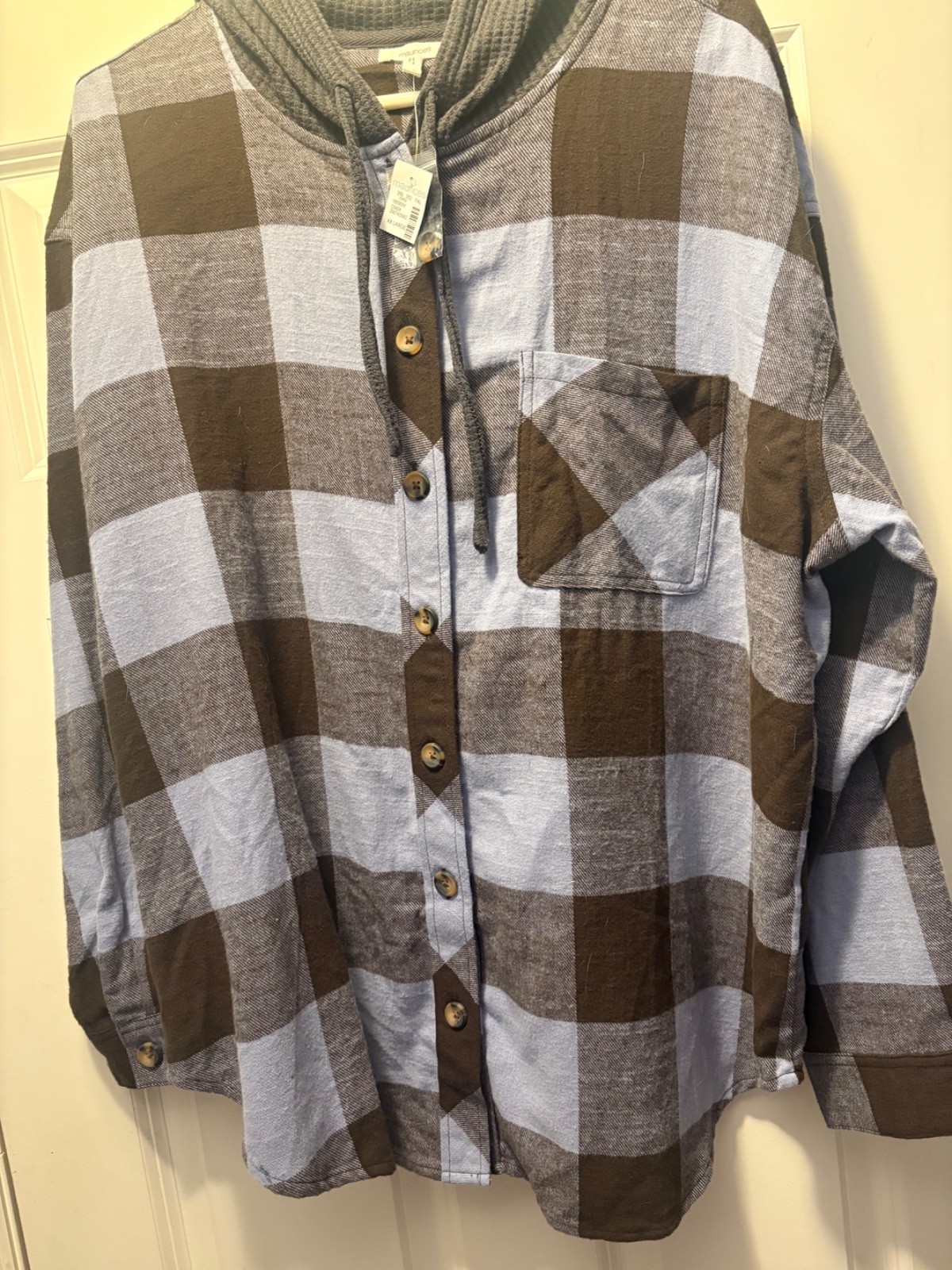 Maurices womens blue and brown buffalo plaid flannel hooded shirt XXL and NWT Maurices womens blue and brown buffalo plaid flannel hooded shirt XXL and NWT