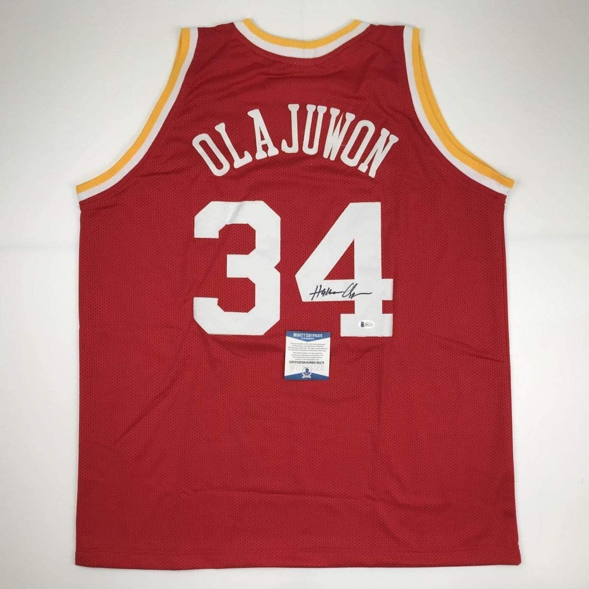 Autographed/Signed Hakeem Olajuwon Houston Red Jersey Beckett COA Autographed/Signed Hakeem Olajuwon Houston Red Jersey Beckett COA
