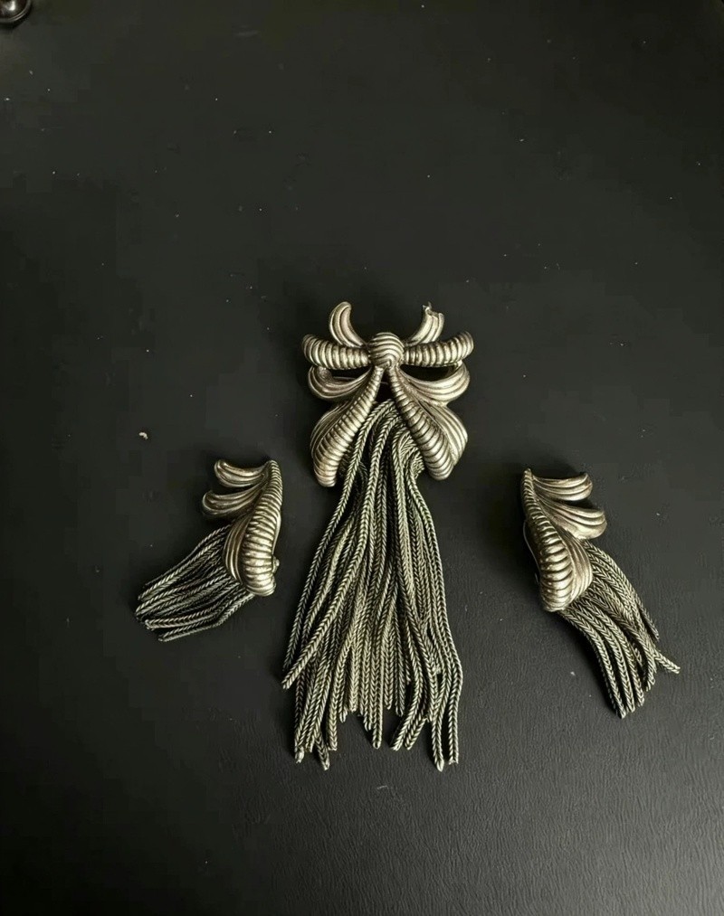 1960s-70s Schiaparelli Vintage Antique Silver Patina Parure Set Surrealist Rare