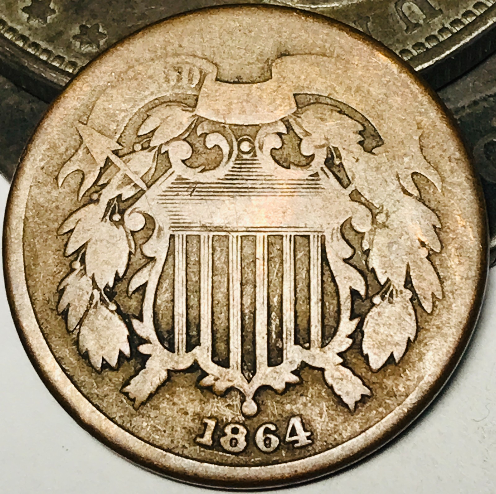 1864 Two Cent Piece 2C Civil War Date Large Motto US Copper Coin CC29534