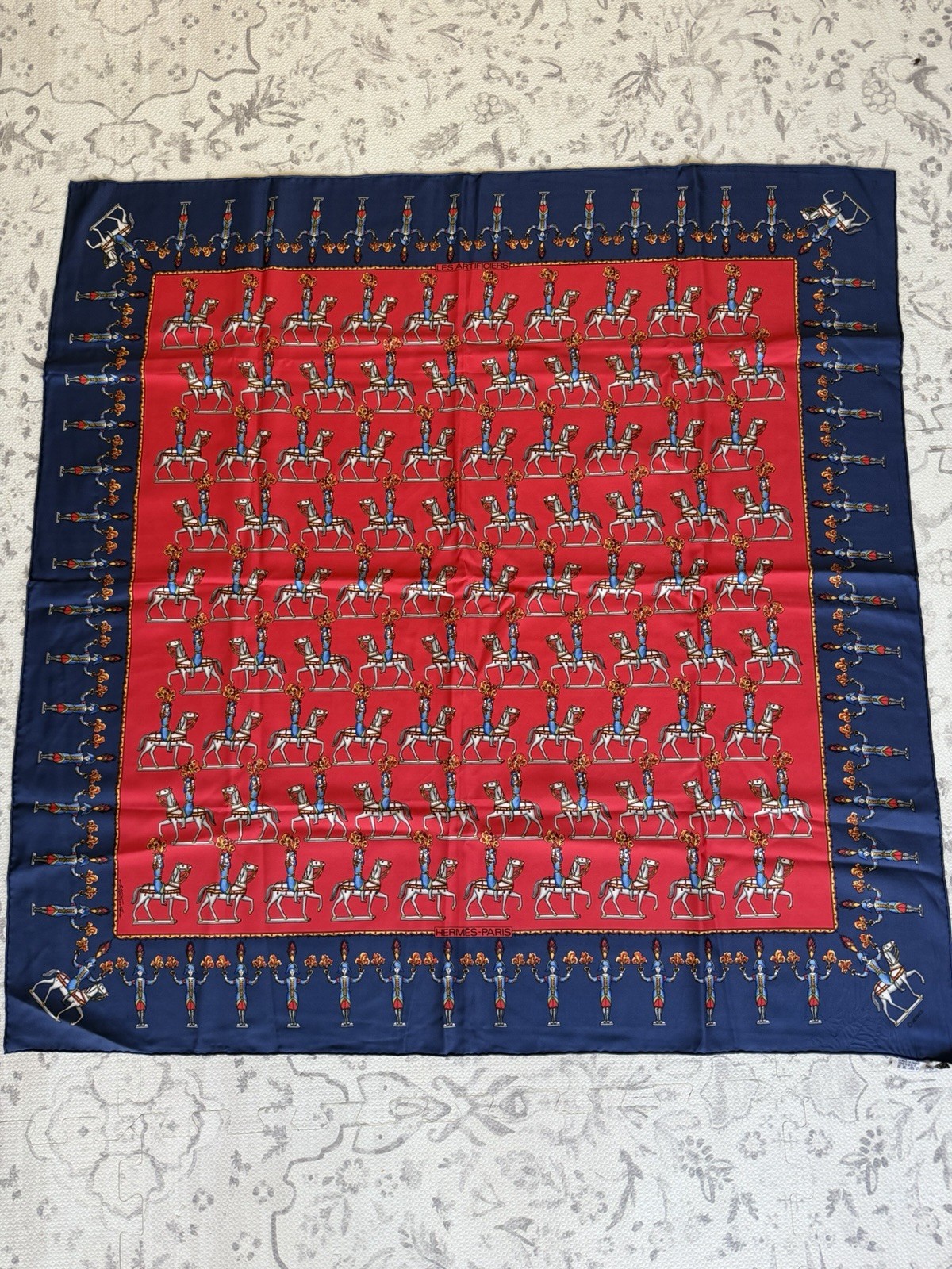 Hermes Les Artificiers Carre 90 Silk Scarf Red And Blue Hermes Les Artificiers Carre 90 Silk Scarf Red And Blue