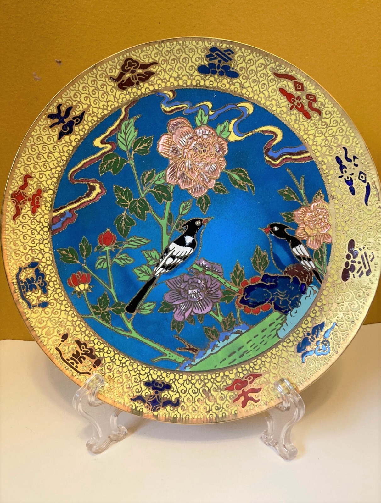 Cloisonne Enamel on Brass Plate Bird Motif Chien Lung of the Ching Dynasty 7.25 Cloisonne Enamel on Brass Plate Bird Motif Chien Lung of the Ching Dynasty 7.25