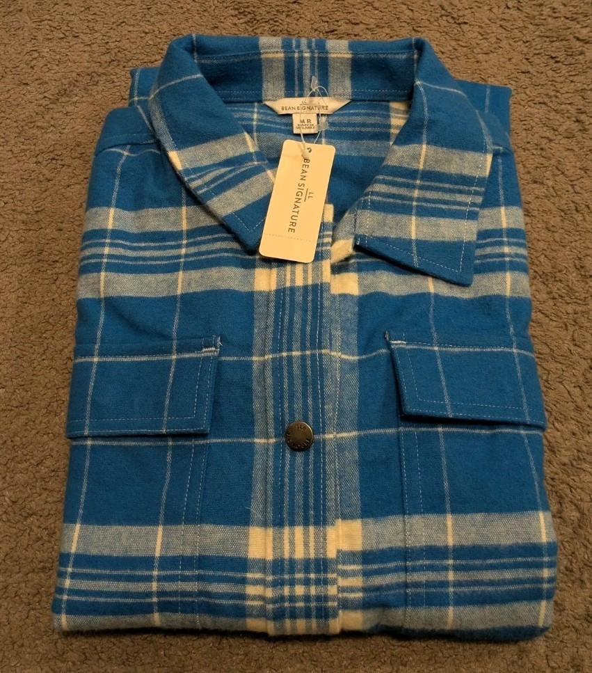 L.L. Bean Signature Chamois Snap Front Marine Blue Plaid Flannel Shirt Women\'s M