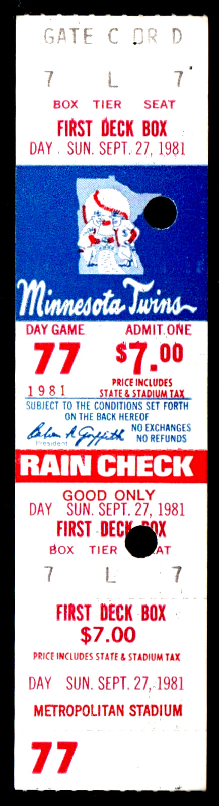 SEP 27, 1981 MINNESOTA TWINS V. TEXAS RANGERS UNUSED GAME TICKET @ MET STADIUM