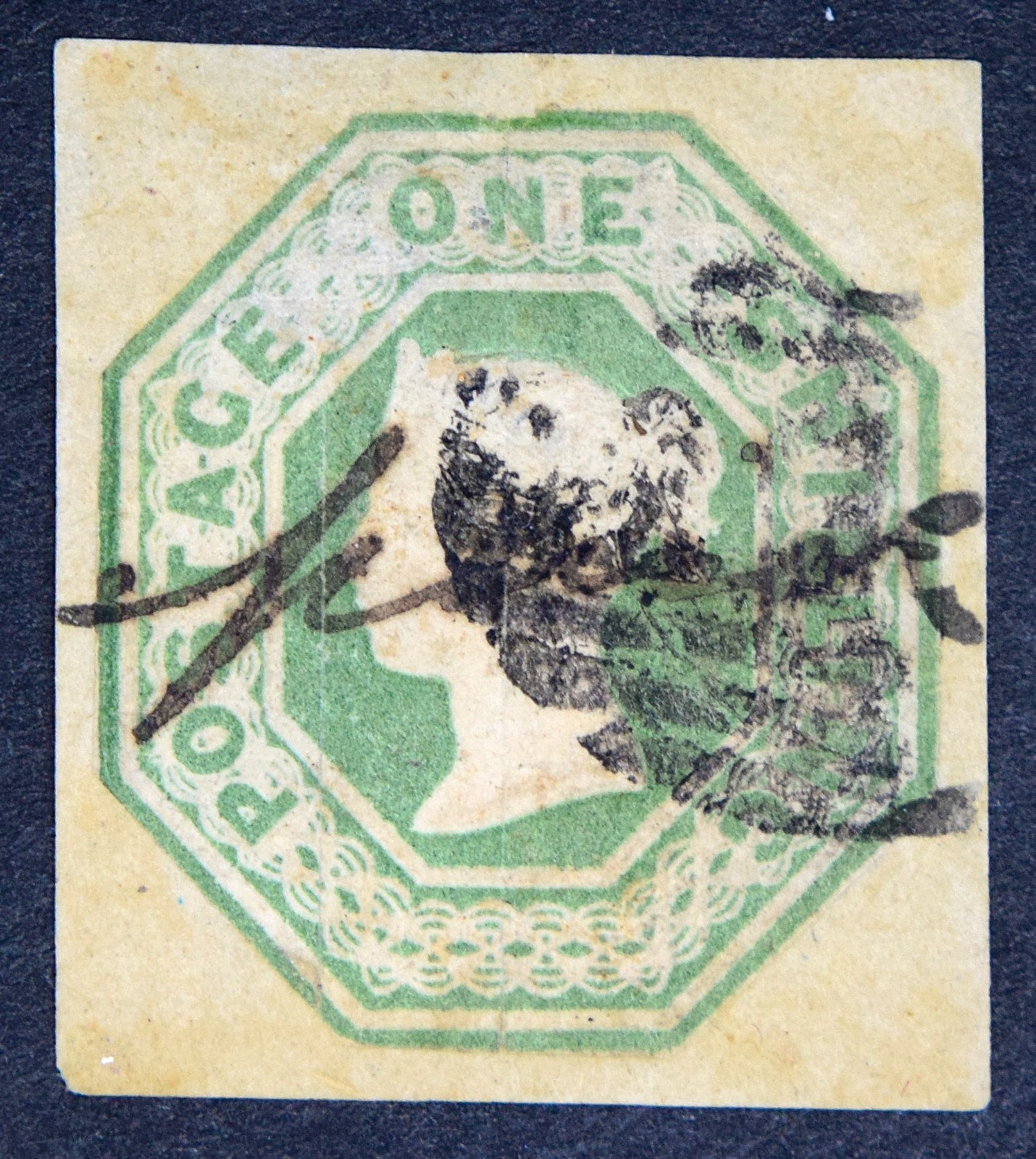 GB SG54 QV 1847 1/- Pale Green, Embossed, Square Cut, Excellent Margins, Used GB SG54 QV 1847 1/- Pale Green, Embossed, Square Cut, Excellent Margins, Used