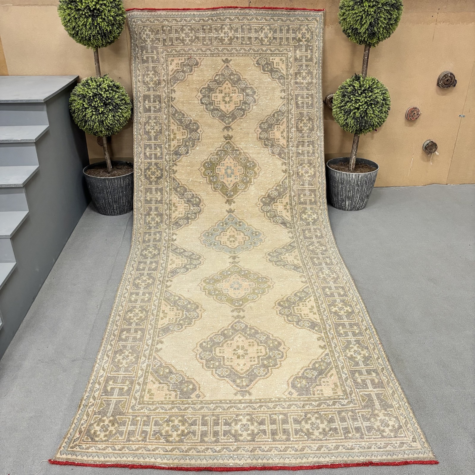 Beige and Gray Ushak Vintage Dining Room Rug, Medallion Rug, 4.7 x 11.5 ft, Turk