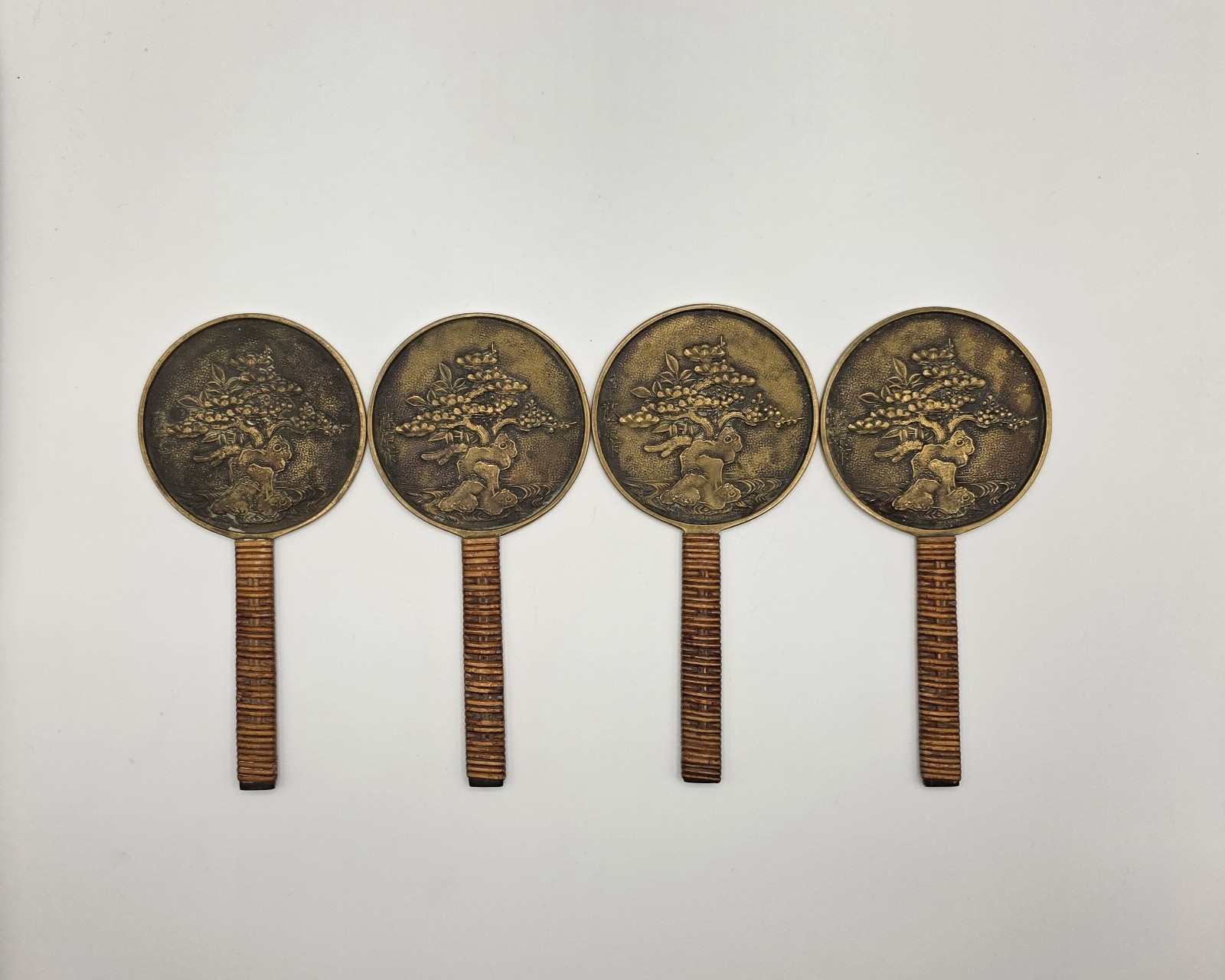 Antique Japanese Bronze Mirror Set 4pc Edo Signed Fujiwara Bonsai Kagami 7