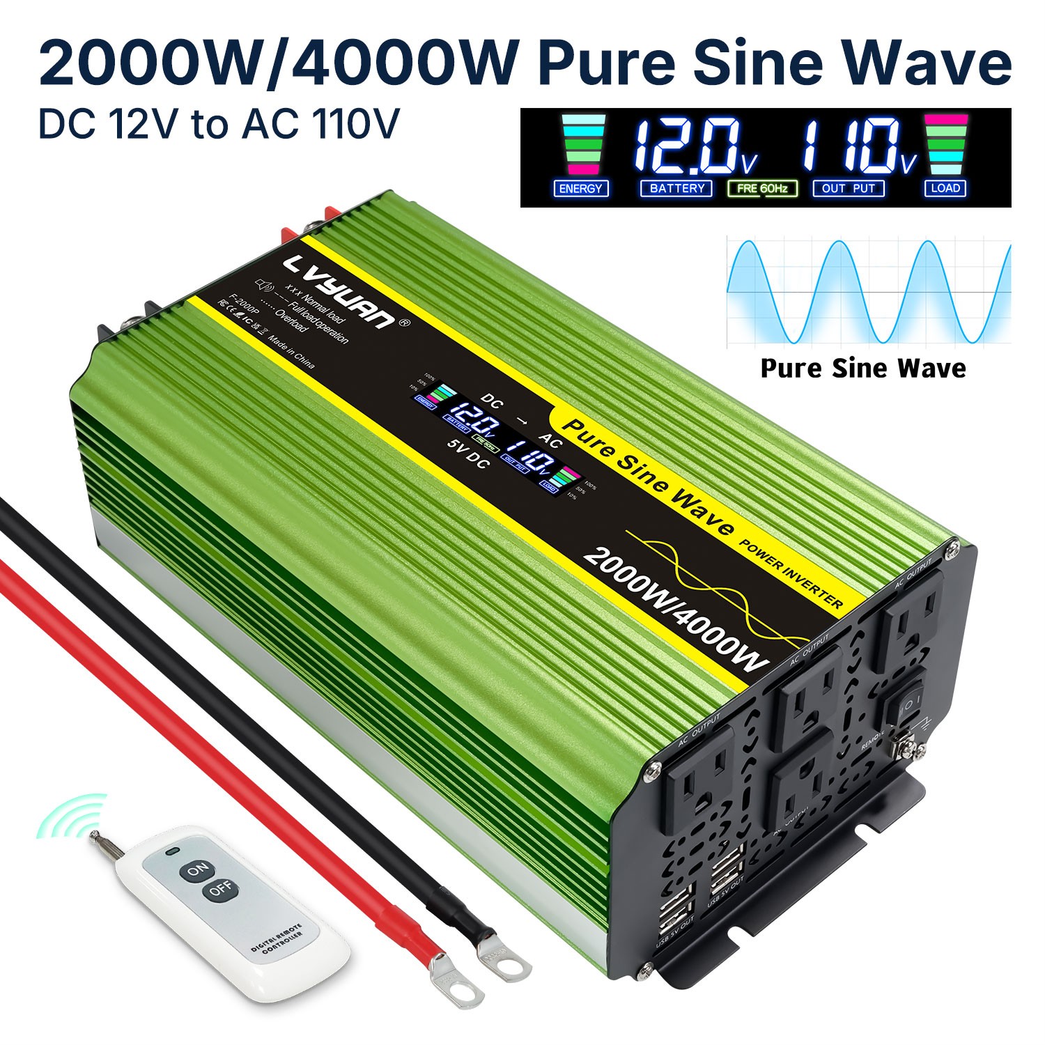 2000W 3000W 4000W Pure Sine Wave Power Inverter 12V 24V to 110V W/ Remote Green