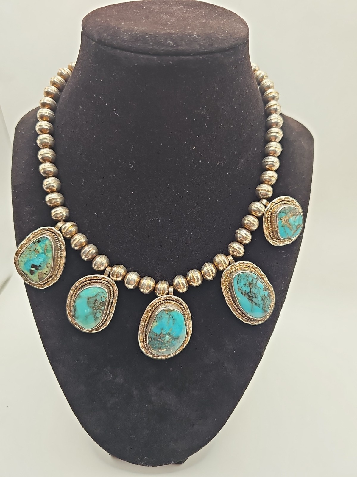 Authentic Vintage Southwestern Navajo Sterling Silver & Natural Turquoise Statio