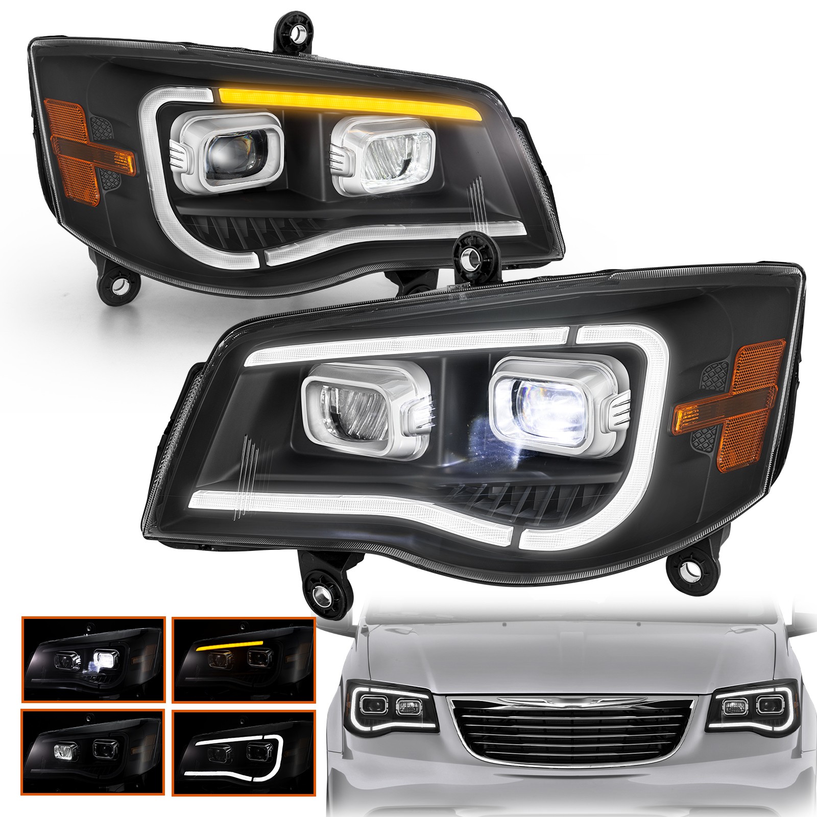 Pair LED Projecotor Headlights W/Sequential For 2008-2016 Chrysler Town&Country