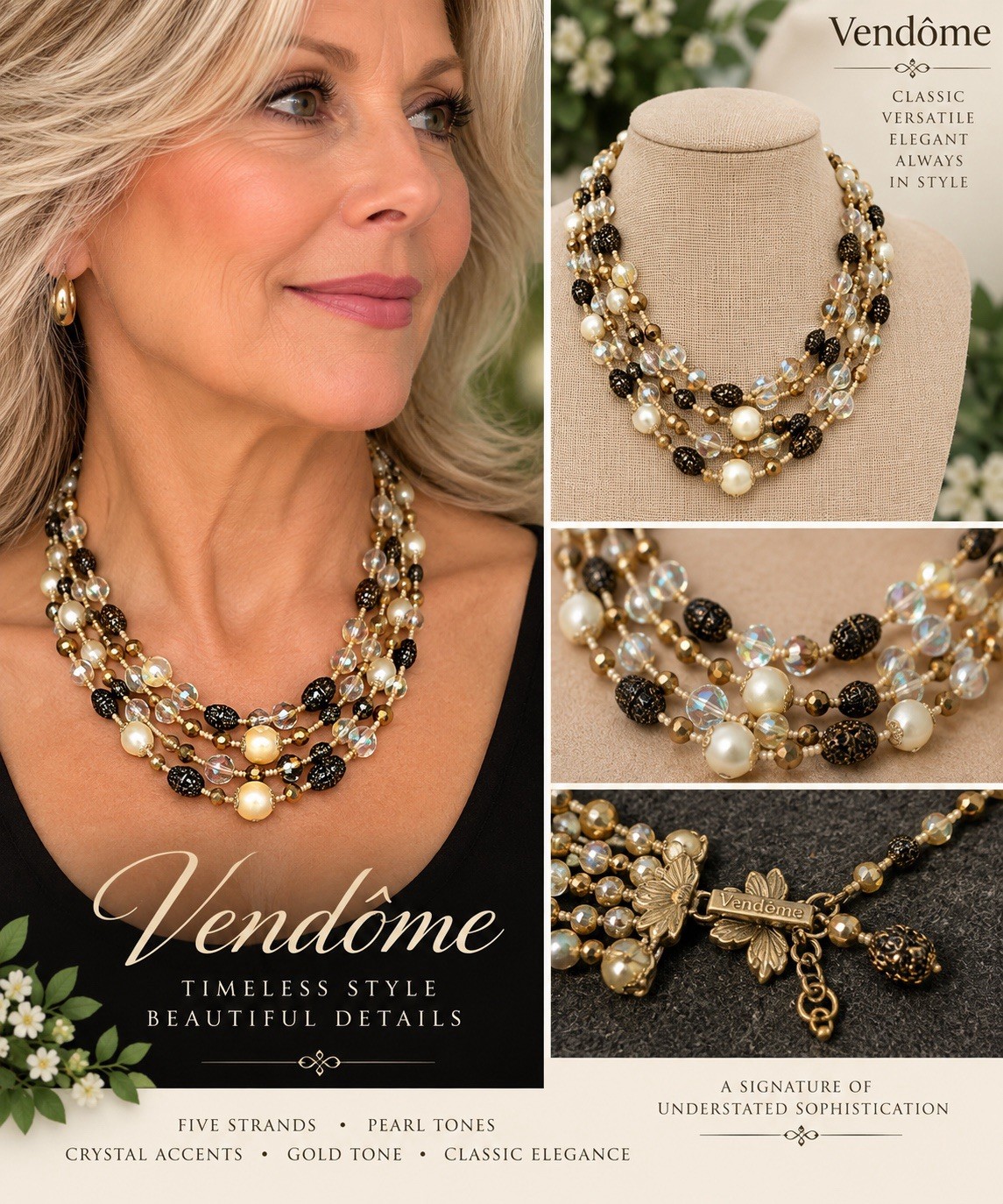 Vintage Vendôme Signed 5-Strand Faux Pearl Crystal Black Bead Necklace 18” Vintage Vendôme Signed 5-Strand Faux Pearl Crystal Black Bead Necklace 18”