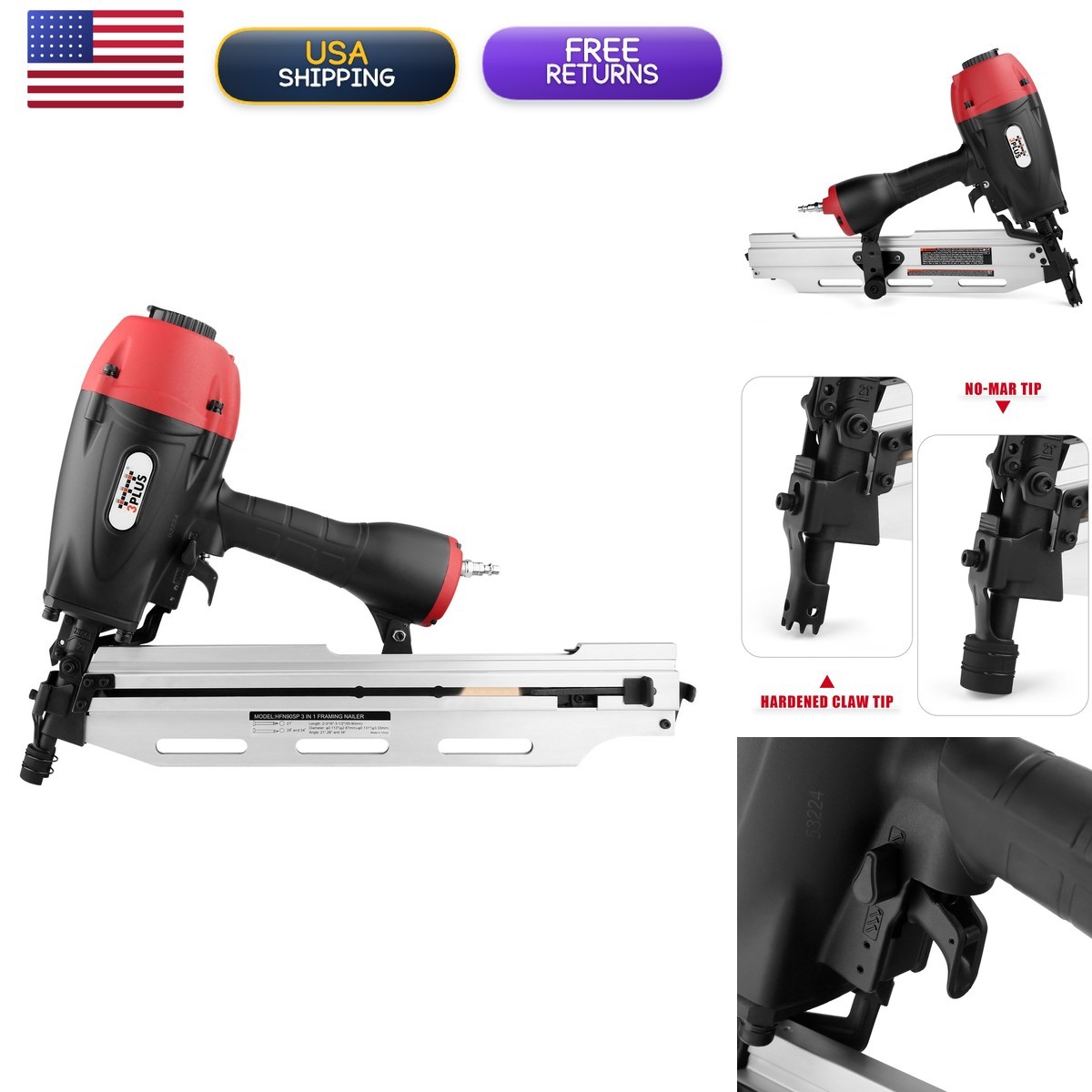 3PLUS HFN90SP 3-in-1 Air Framing Nailer Adjustable Magazine 21/28/34 Degree 3PLUS HFN90SP 3-in-1 Air Framing Nailer Adjustable Magazine 21/28/34 Degree