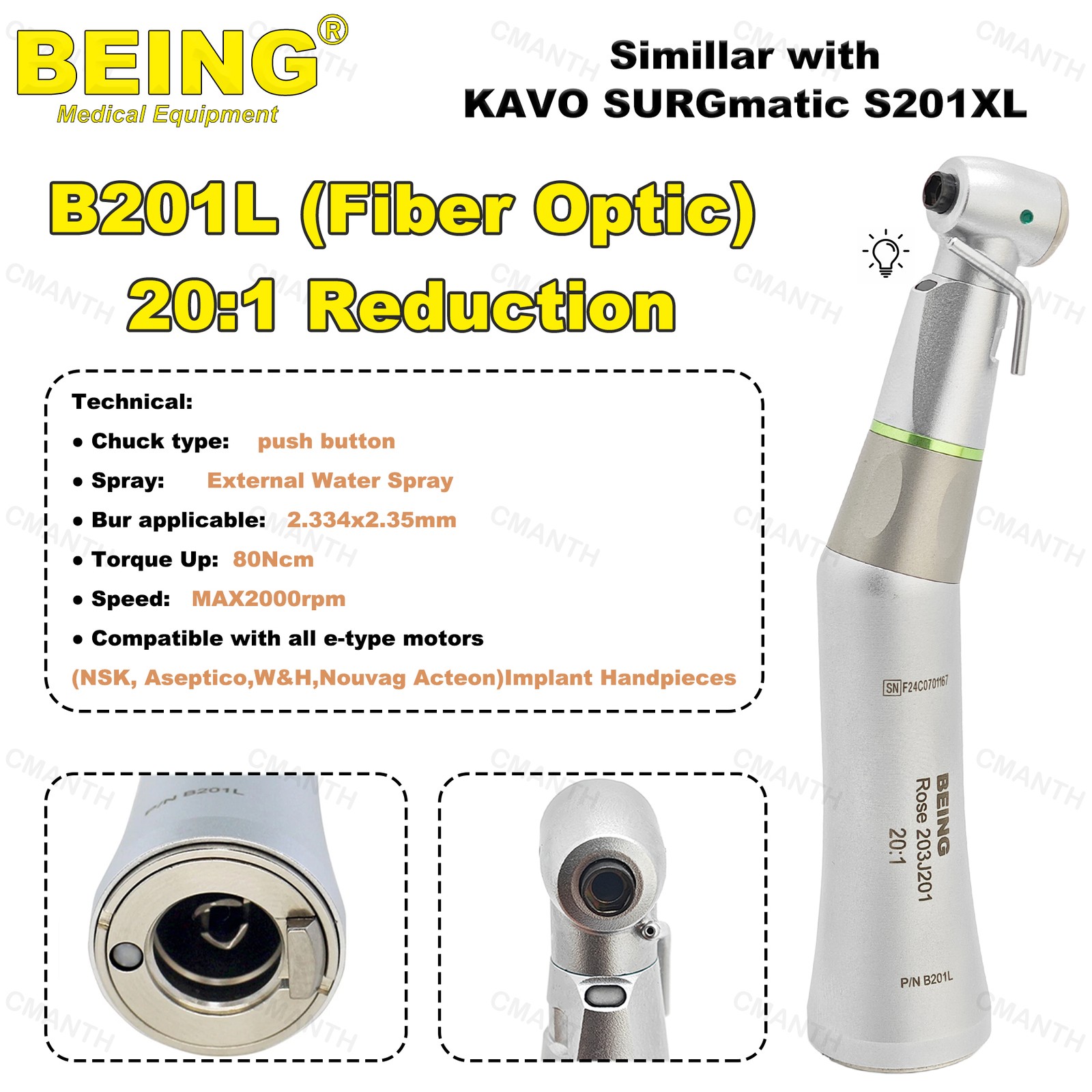 US BEING Dental 20:1 Implant Handpiece Fiber Optic Contra Angle E Type Fit KAVO
