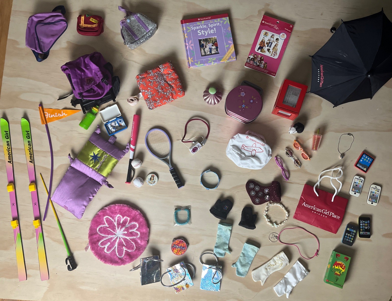 American Girl Pleasant Company Doll lot Accessories Globes Umbrella Skis Bags + American Girl Pleasant Company Doll lot Accessories Globes Umbrella Skis Bags +