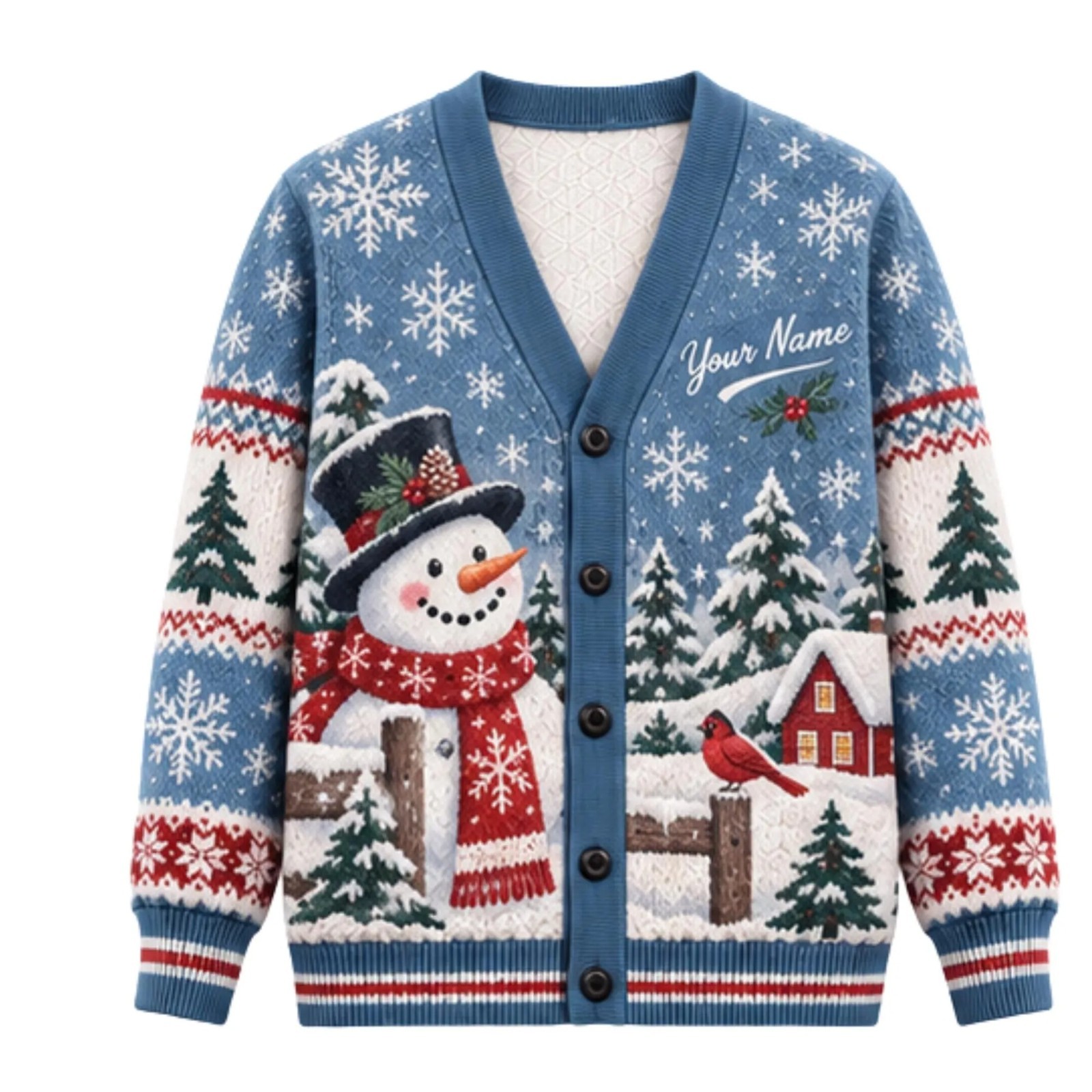 Personalized Name Snowman Winter Village Cardigan with Snowflake Pattern