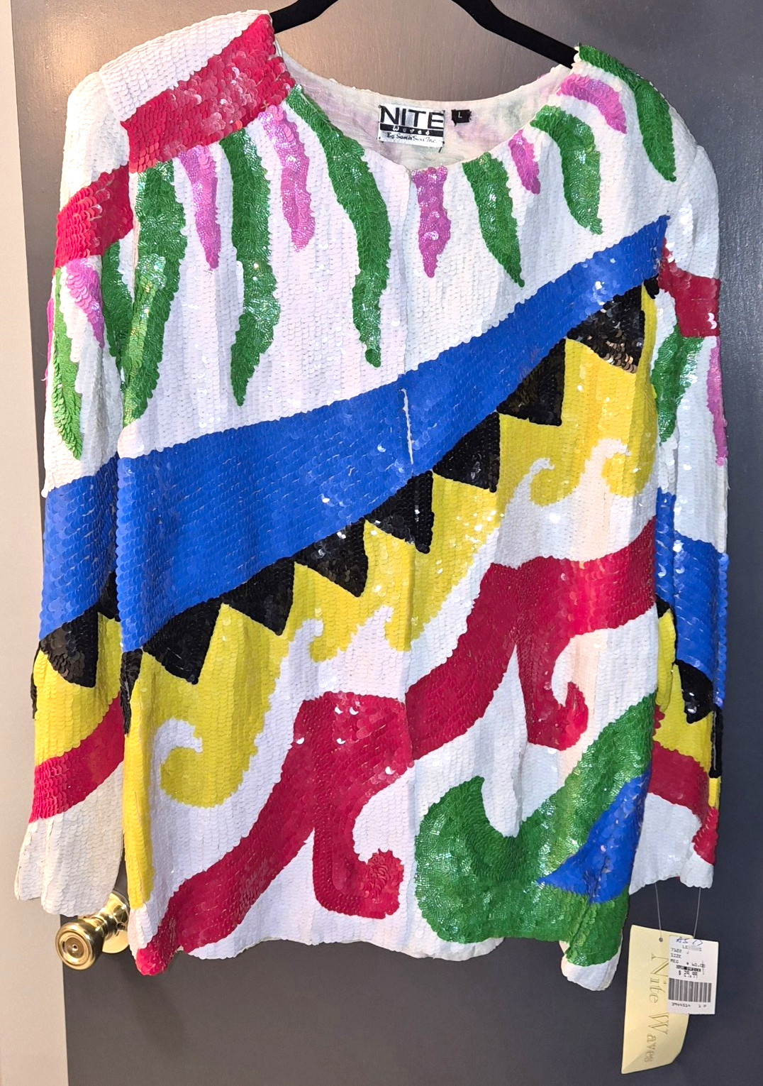  VTG 80s Nite Waves Sequin Top Large Leytons Boutique Geometric Pop Art Jacket