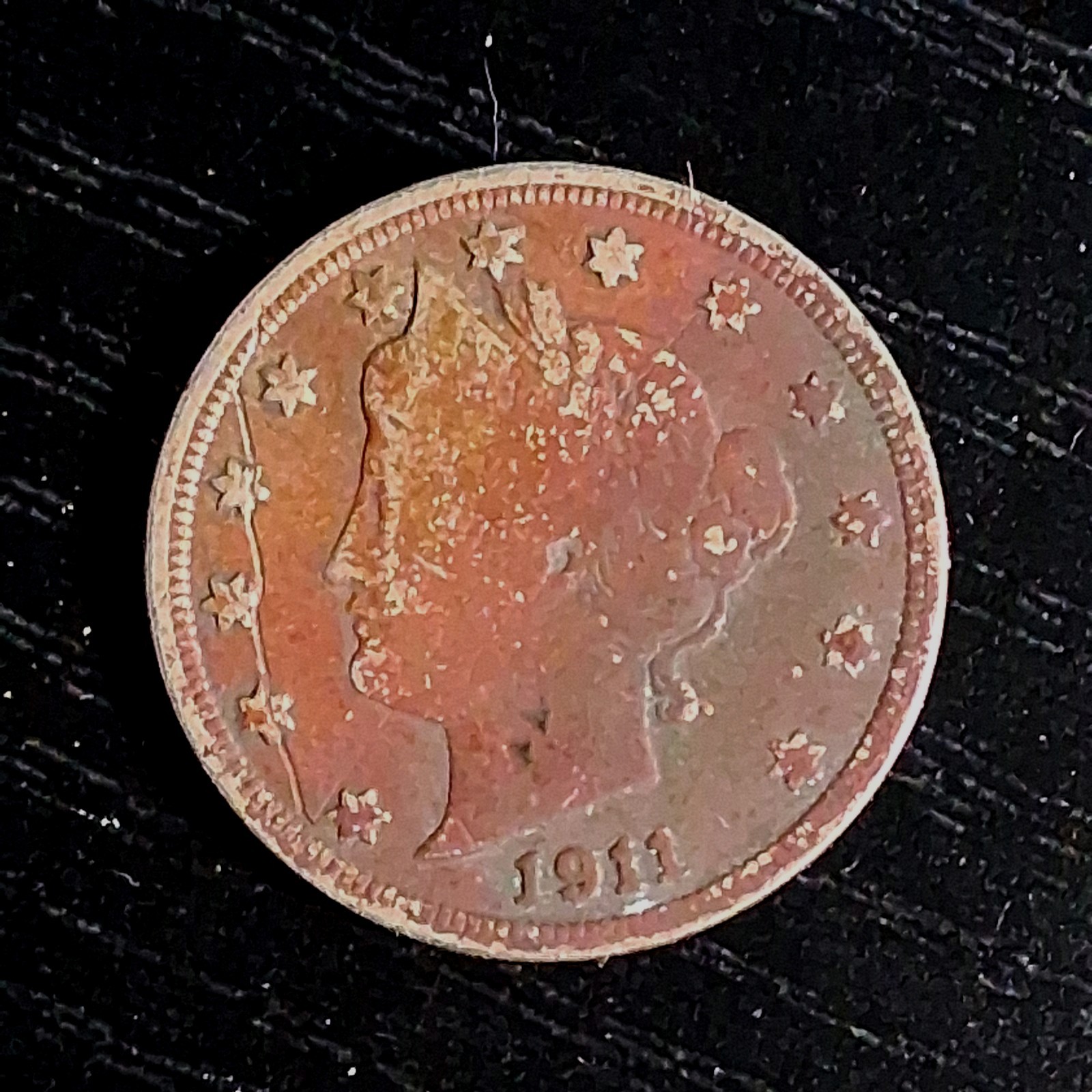 1911 Liberty V Nickel #3 - Obv toning 115 yr old Phila Circ 1911 Liberty V Nickel #3 - Obv toning 115 yr old Phila Circ