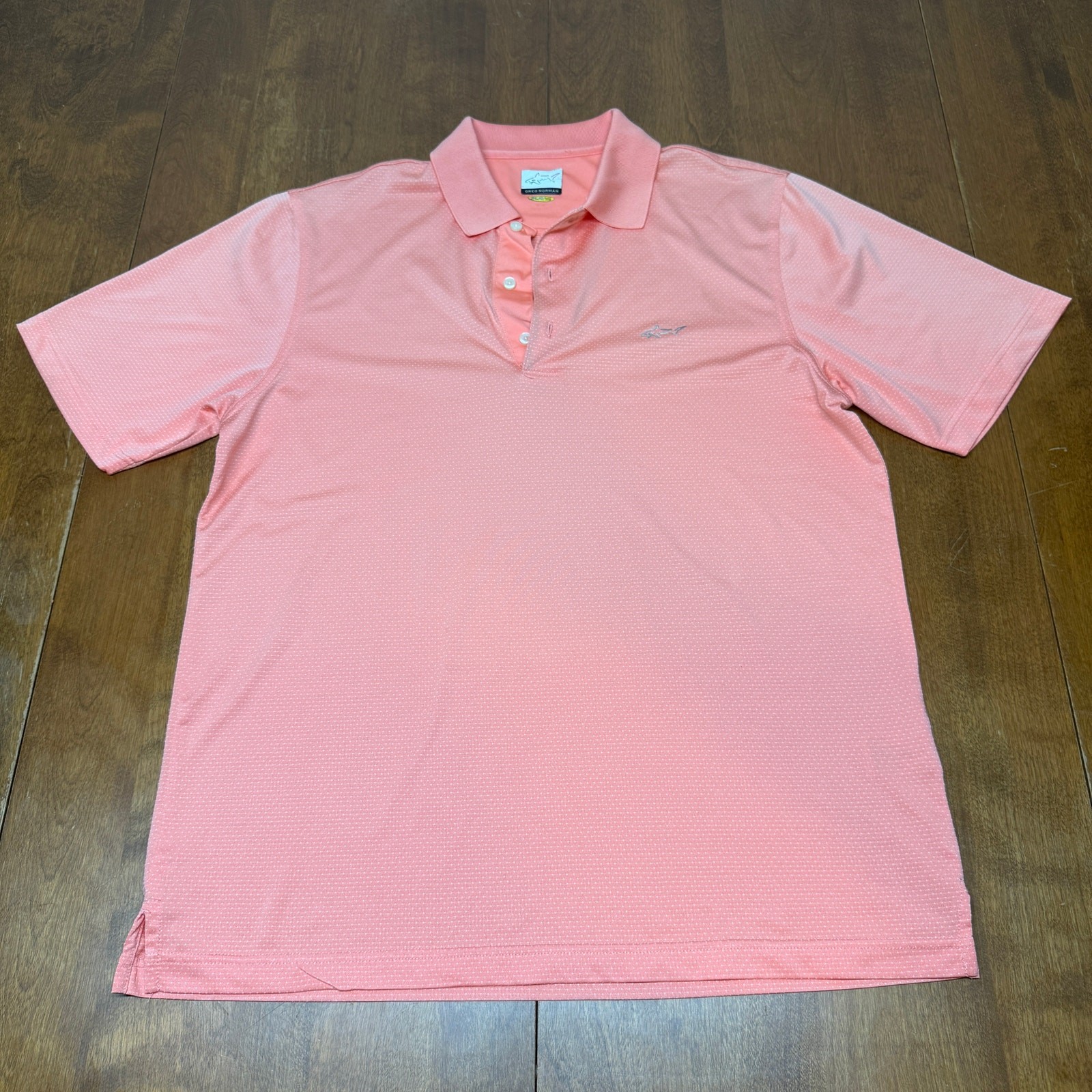 Greg Norman Play Dry Men\'s Golf Polo Coral Pink Micro Dot Performance Shirt