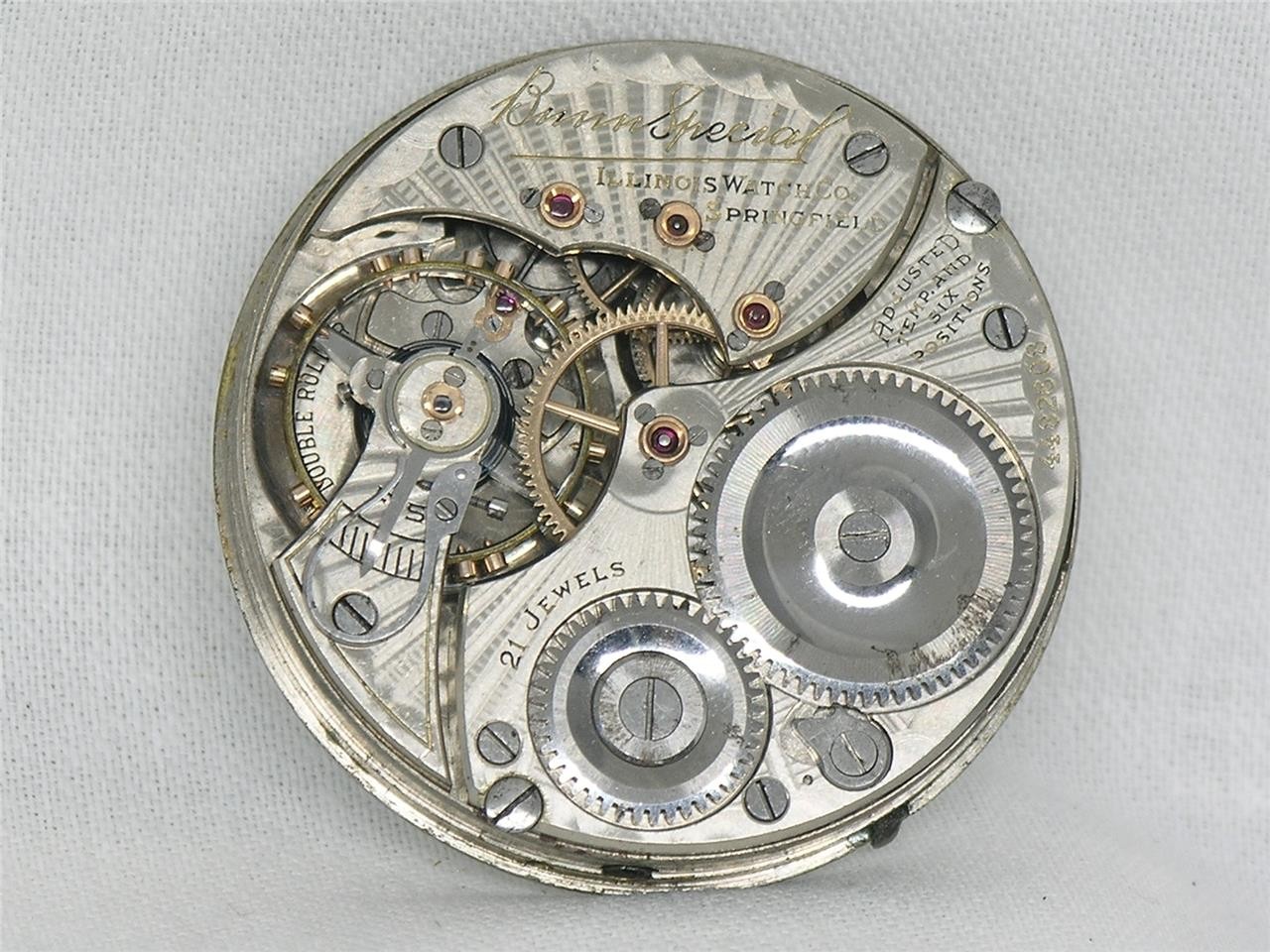 SCARCE 16S ILLINOIS 21 JEWEL BUNN SPECIAL POCKETWATCH MOVEMENT & DIAL, RUNNING