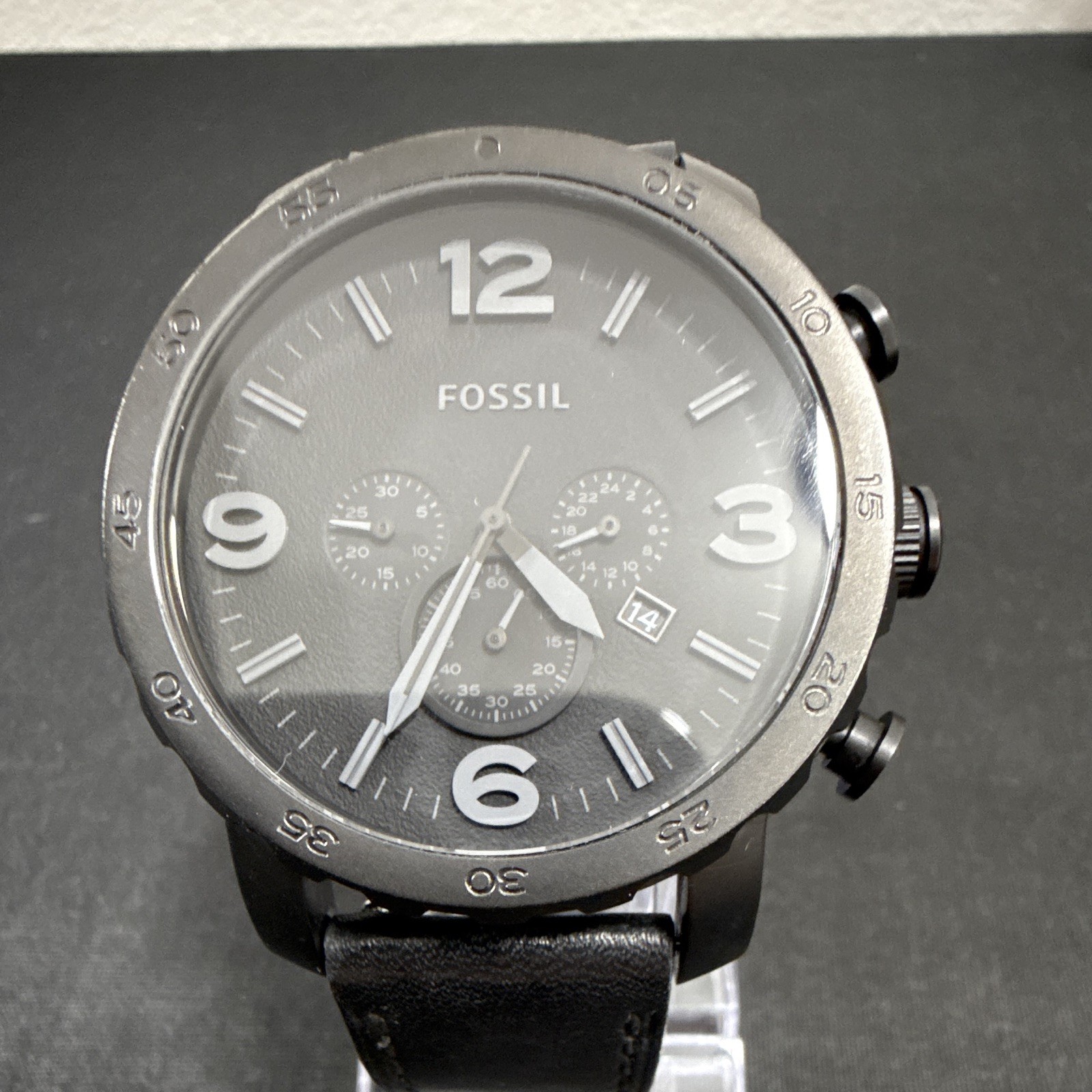 Mens Fossil Nate JR-1354 50mm Case New Battery 24mm Black Leather 7.5” Wrist Mens Fossil Nate JR-1354 50mm Case New Battery 24mm Black Leather 7.5” Wrist