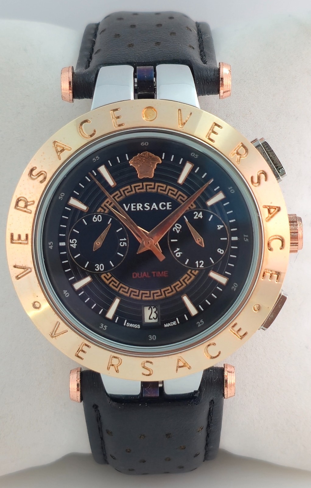Versace V-Race Dual Time Black Dial With Date Leather Band SS Case Men\'s Watch