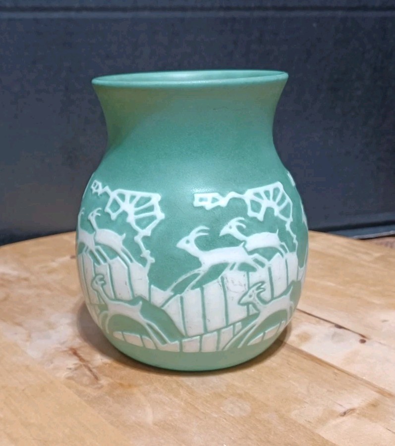Vintage RARE 1920\'s Overbeck Pottery Jumping Running Deer Antalope Vase Vintage RARE 1920\'s Overbeck Pottery Jumping Running Deer Antalope Vase