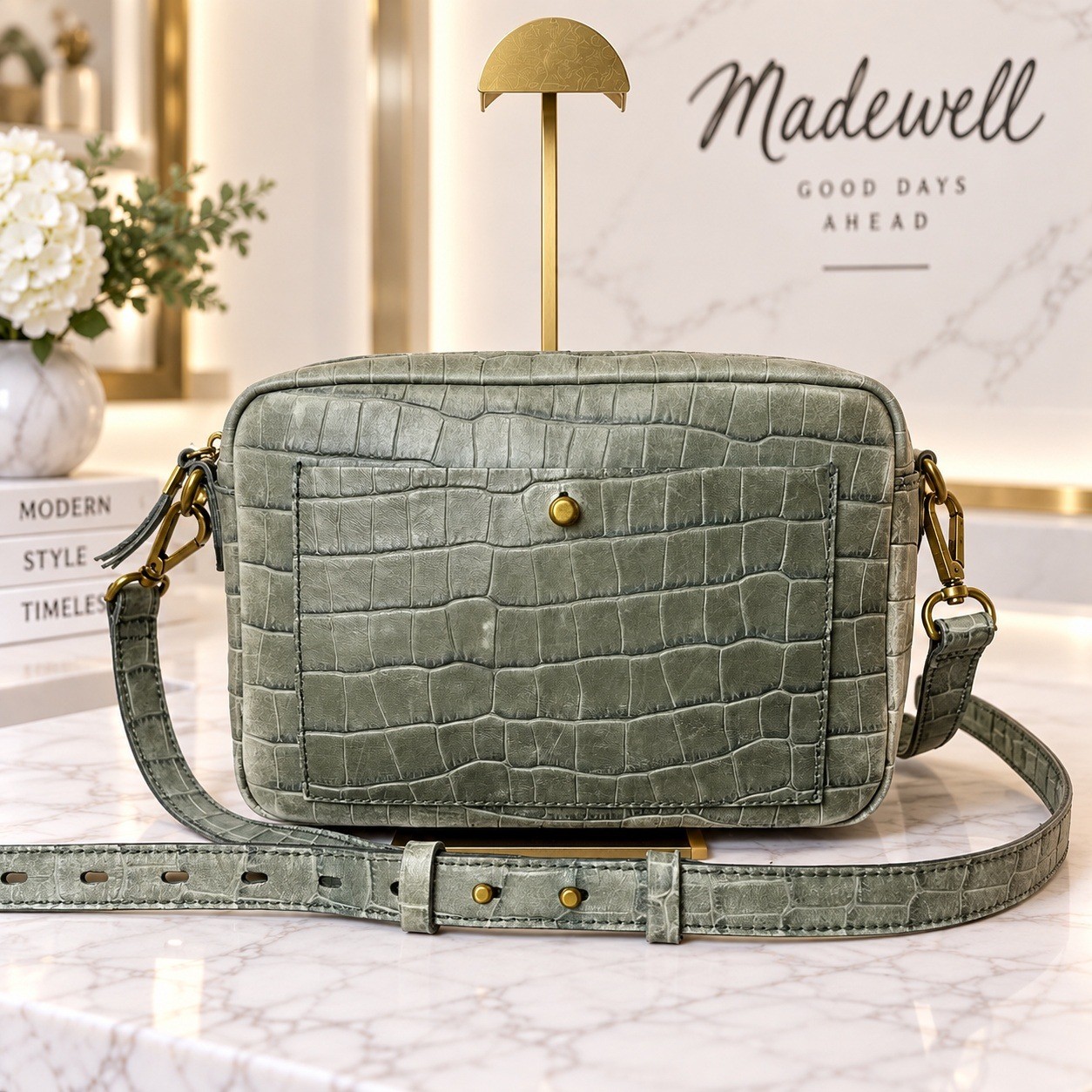 Madewell The Large Transport Camera Crossbody Bag Croc Embossed Sage Green