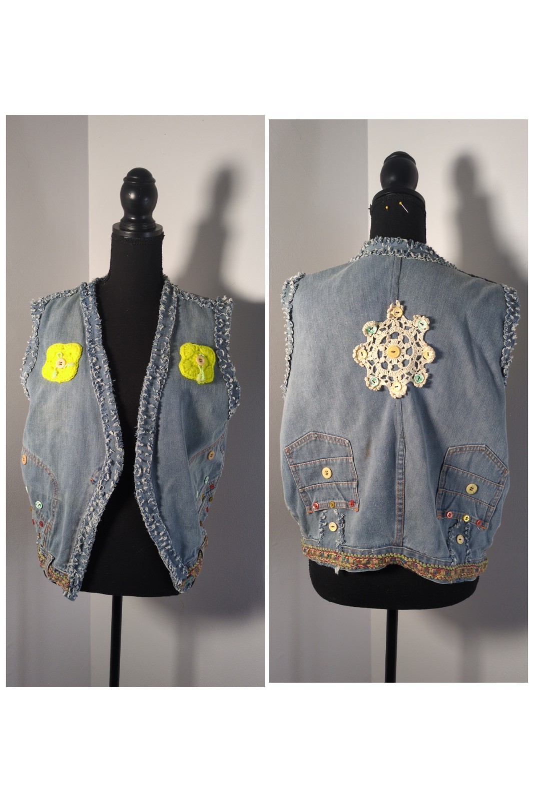 Vintage K Mart Handmade Denim Vest Upcycled Jeans, Embellishments, Women\'s M/L Vintage K Mart Handmade Denim Vest Upcycled Jeans, Embellishments, Women\'s M/L