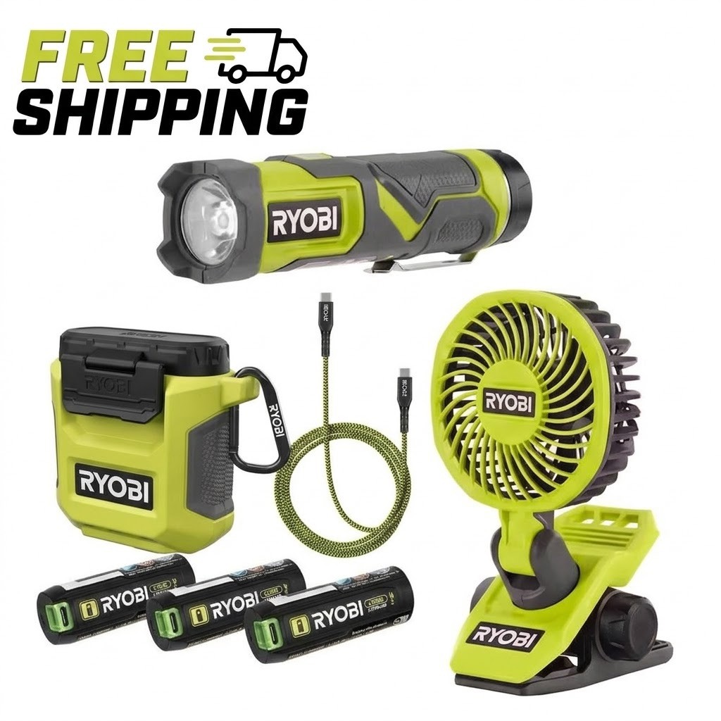 Ryobi Essentials Bundle (Compact light, 3-port charger/power pack, fan + gift🎁