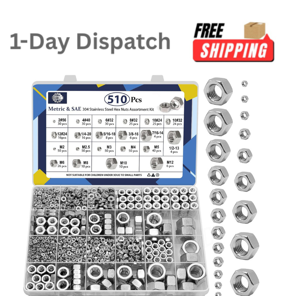 .ZQZ 510 Pcs SAE and Metric Stainless Steel Hex Nut Assortment Kit