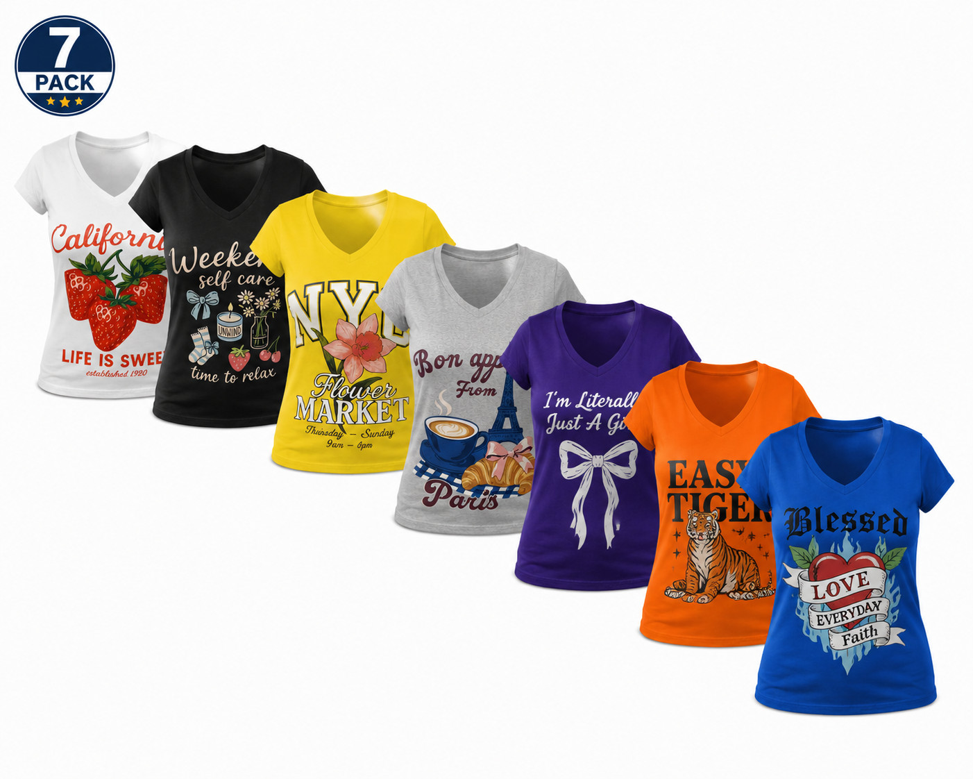7 Pack Women\'s Graphic Print V Neck T Shirts Soft Stretch Casual - Size: S to XL 7 Pack Women\'s Graphic Print V Neck T Shirts Soft Stretch Casual - Size: S to XL