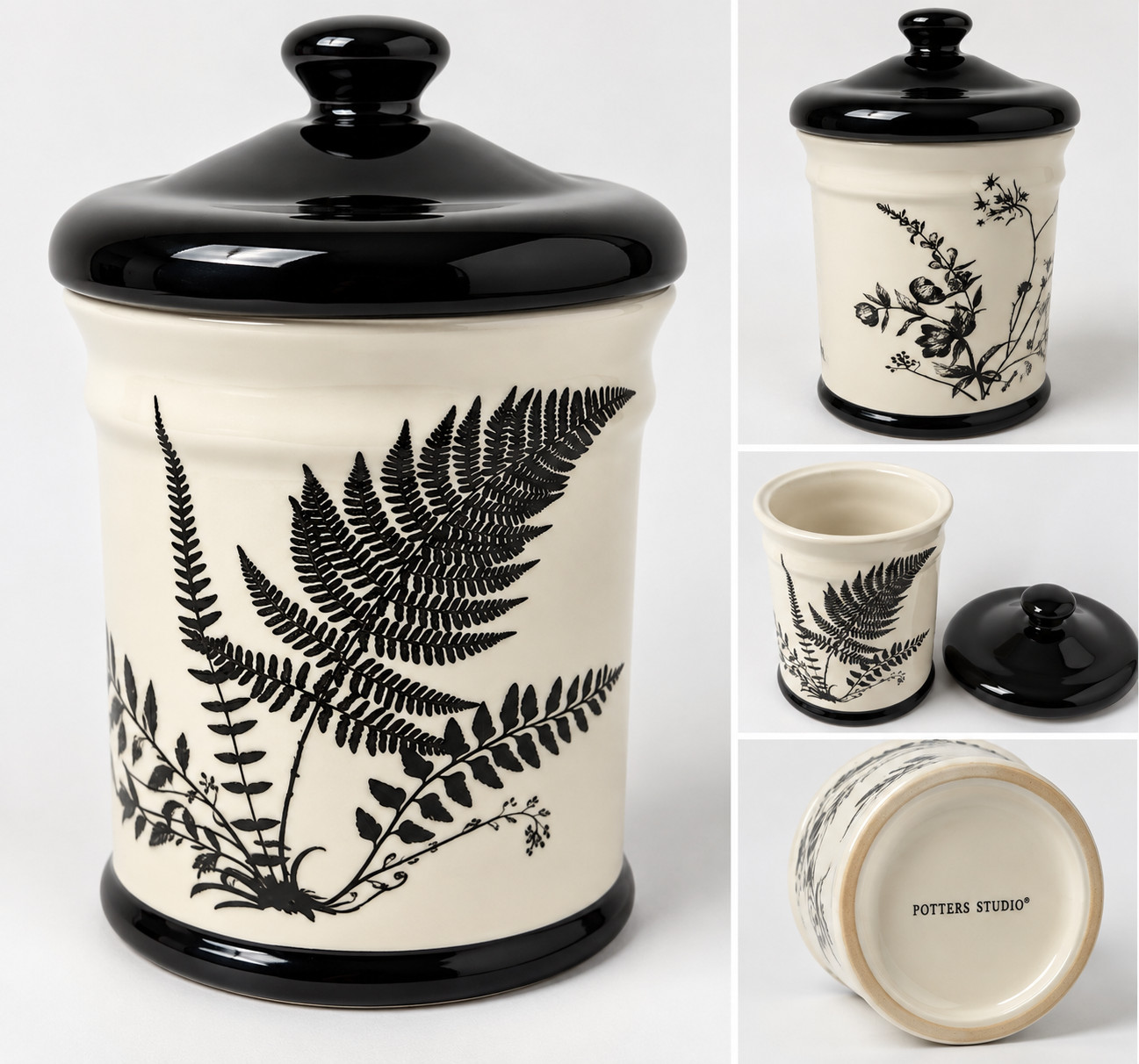 Potters Studio Black & White Botanical Fern Floral Ceramic Canister w/Lid New
