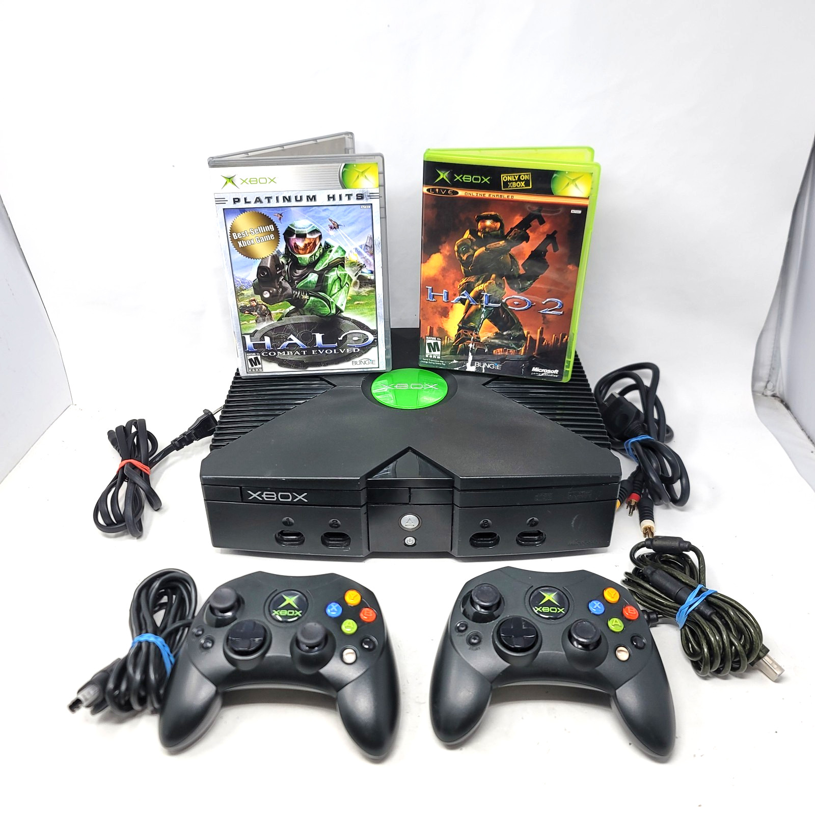 Original Microsoft Xbox 8GB Console Black W/2 Controllers, Halo 1 & 2, Cords