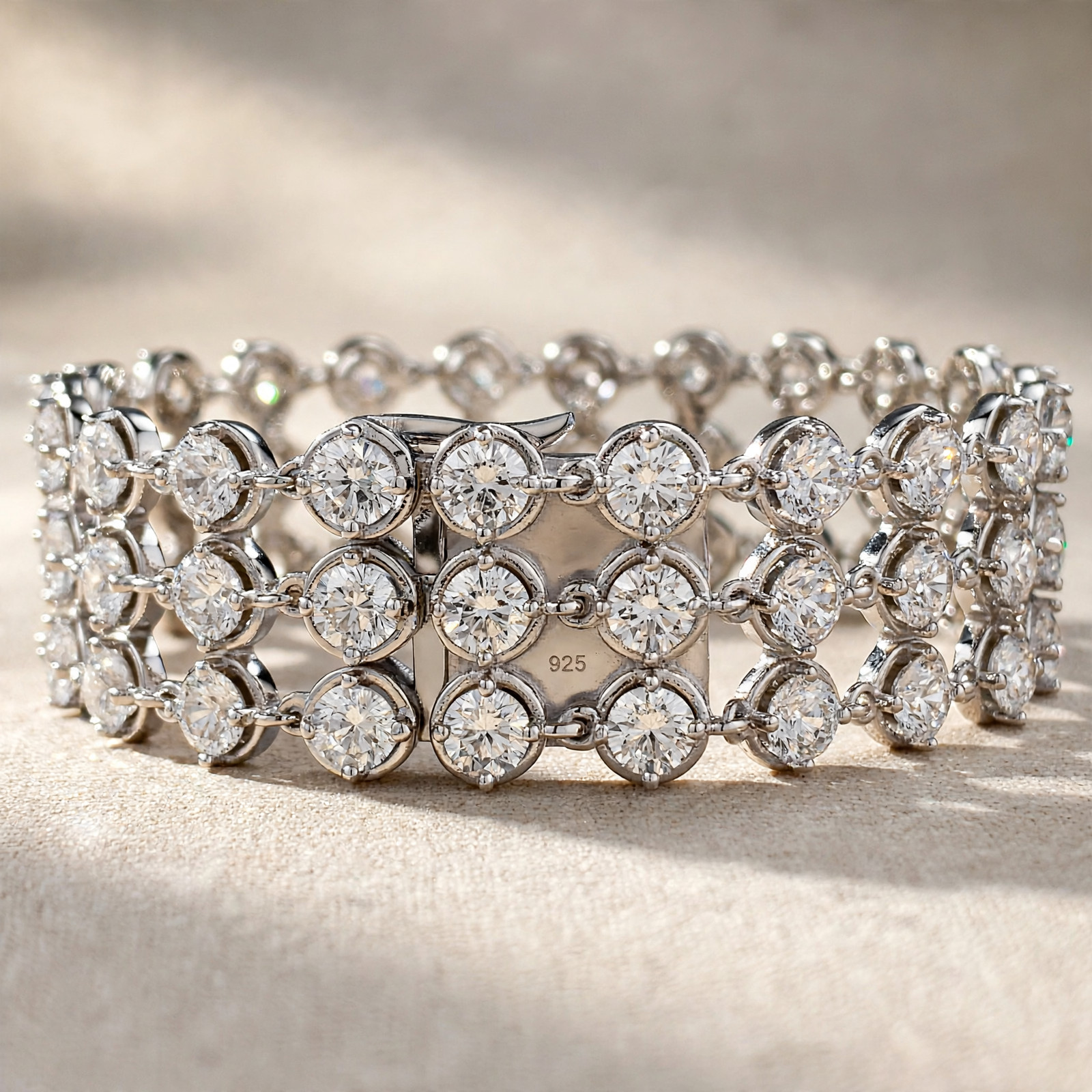 Silver Round-Cut Stone Three-Row Bracelet