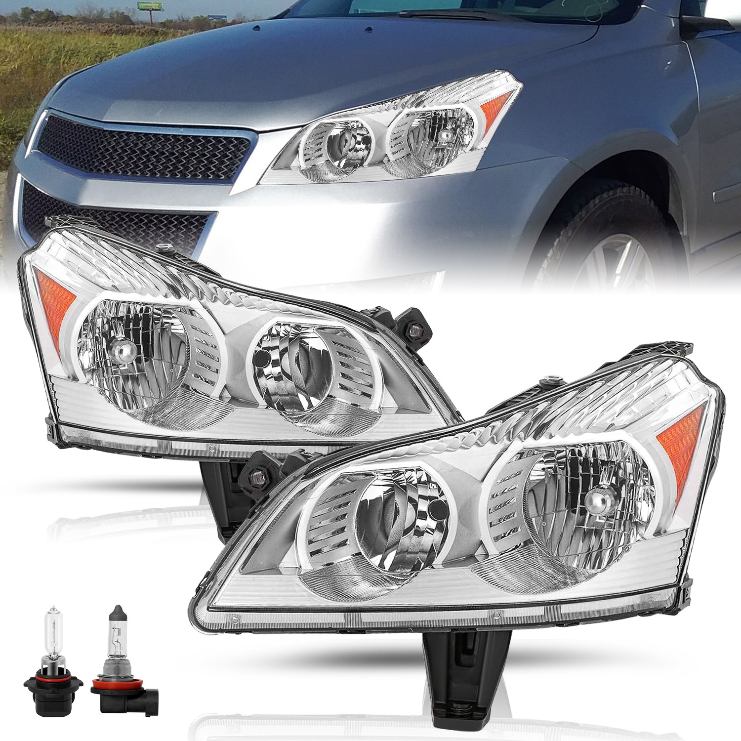 for 2009-2012 Chevy Traverse LS LT Chrome Headlights Headlamps L+R w/ Bulb 09-12