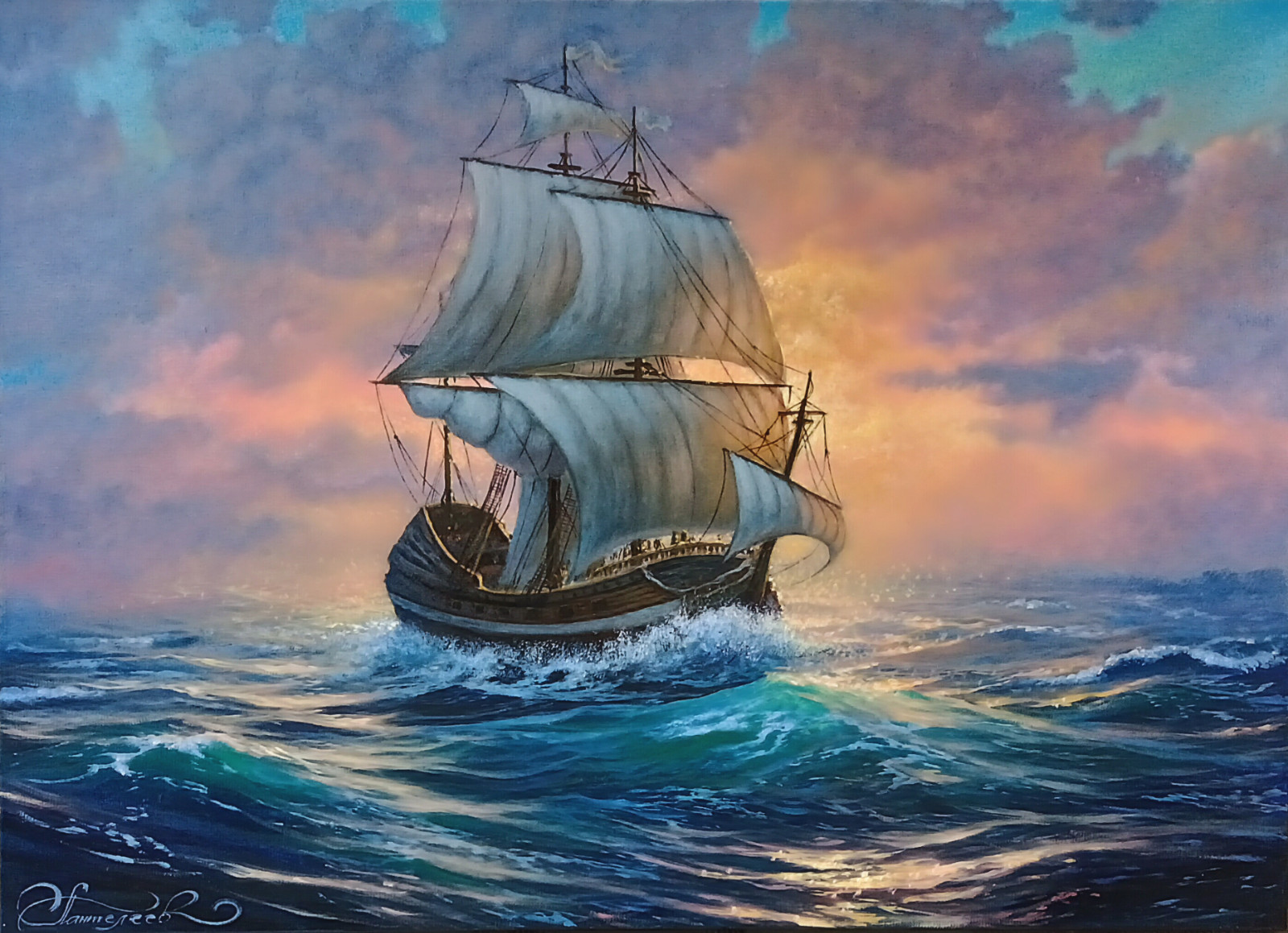 Original oil painting Sailboat , Seascape artwork 20 x 28 inches