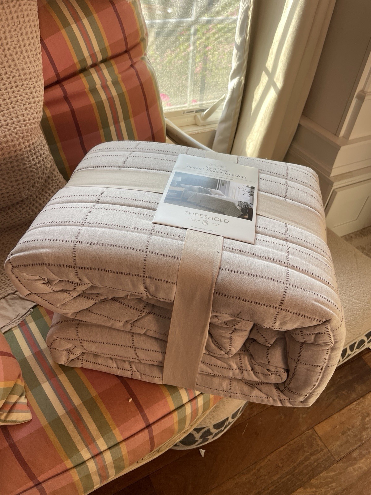 NEW Threshold Full Queen Flannel Windowpane Quilt Neutral Beige Plaid