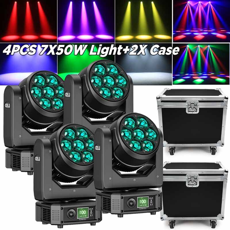 4x Zoom 7x50W LED Moving Head Stage Light RGBW DMX Beam Wash Lighting DJ Disco